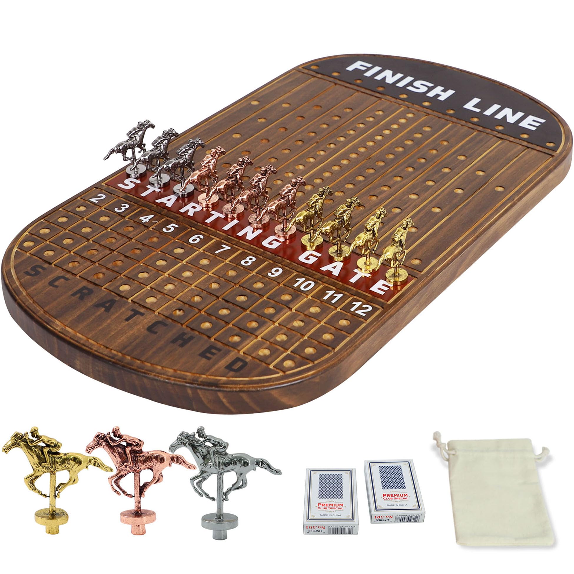 Horse Race Board Game Racing Game Solid Wood with 11 Luxurious Durable Classic Metal Horses with 4 Dice and 2 Boxes of Cards Finish Line Horse Racing Game (flame)
