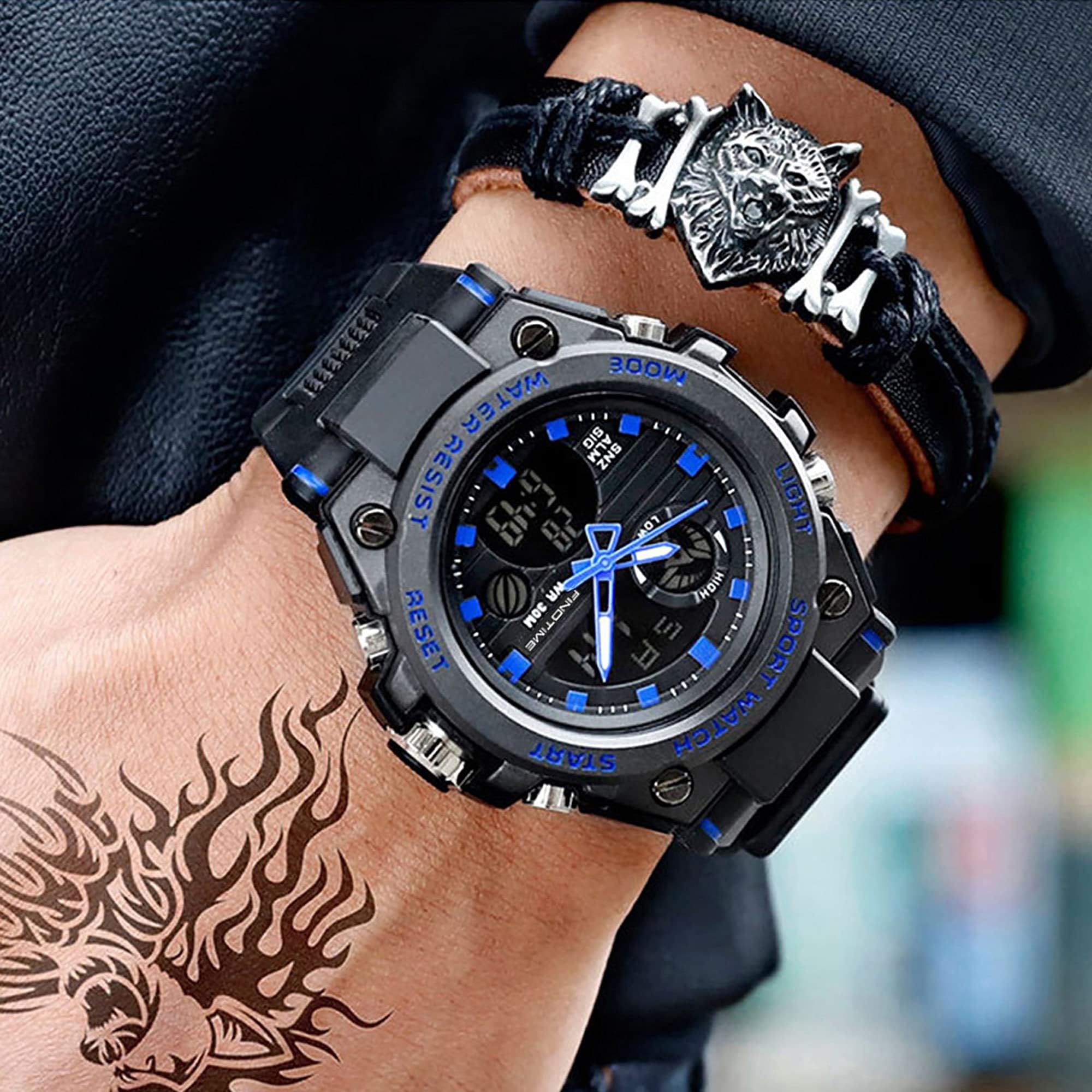 findtime Montre Militaire Tactique de Sport pour Homme Chronomètre à Grand Cadran, Alarme, Double Affichage de l'heure, rétroéclairage, Montre-Bracelet étanche pour l'extérieur, analogique numérique