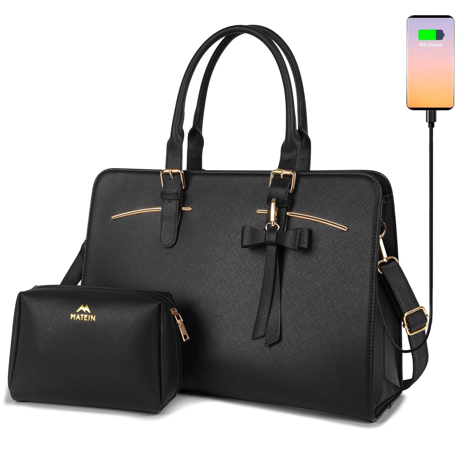 MATEIN Ladies Laptop Bags for Women Stylish, Leather Laptop Handbag with Notebook Compartment Designer Ladies Briefcase Work Bags for Women 15.6 Inch Laptop Tote Handbag for School, Office, Black