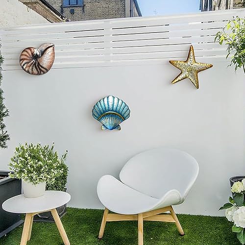 Miniatura 4 de Weibefee 3 piezas de decoración de pared de playa de metal, concha de estrella de mar, decoración de metal con temática oceánica, decoración de baño