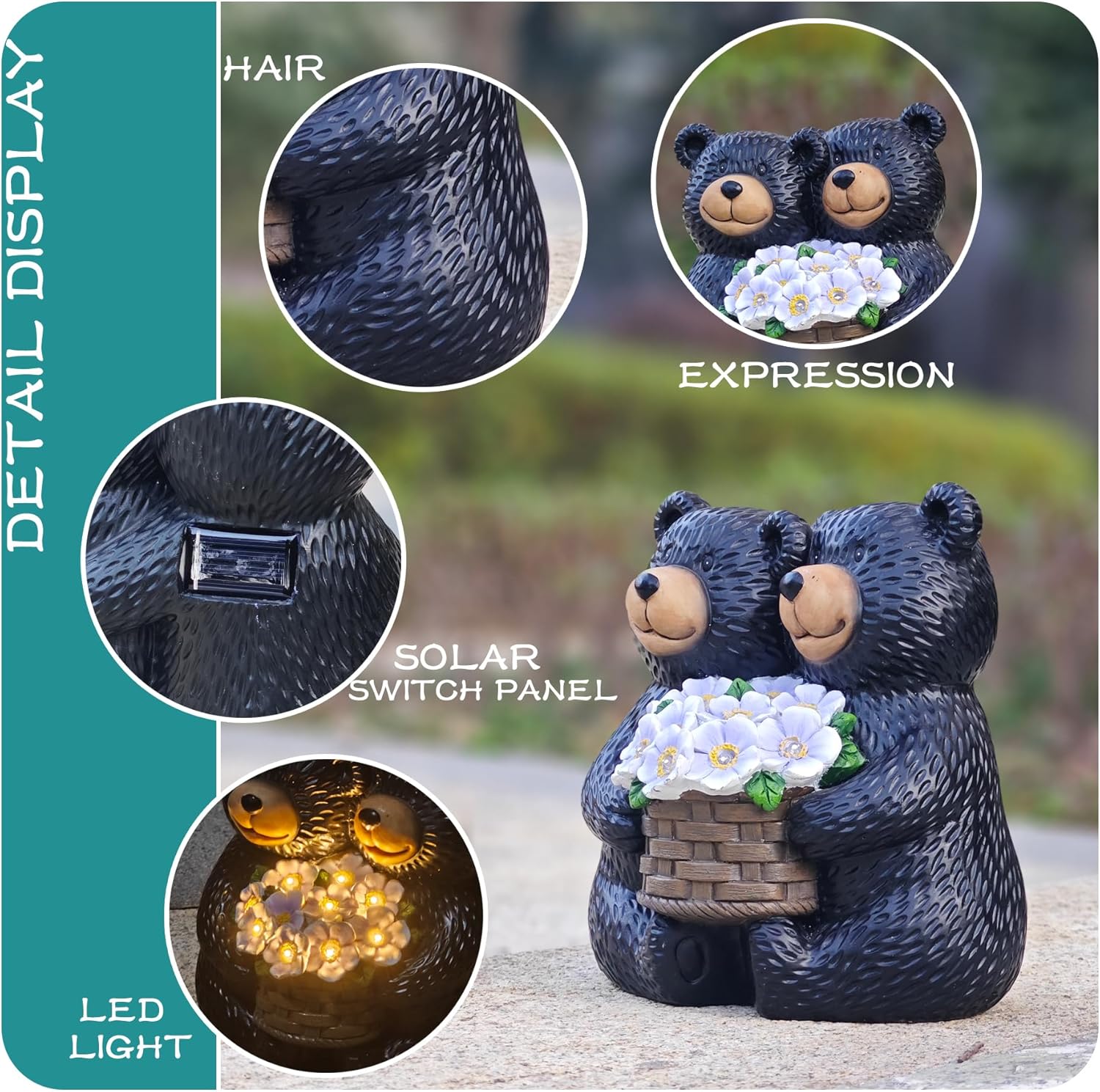 Solar Twins Black Bear Garden Statues with Purple LED Flowers - Resin Outdoors Decor for Patio Lawn Balcony Yard Figurines - Unique Christmas Birthday Gifts for Mom Grandma Wife Sister