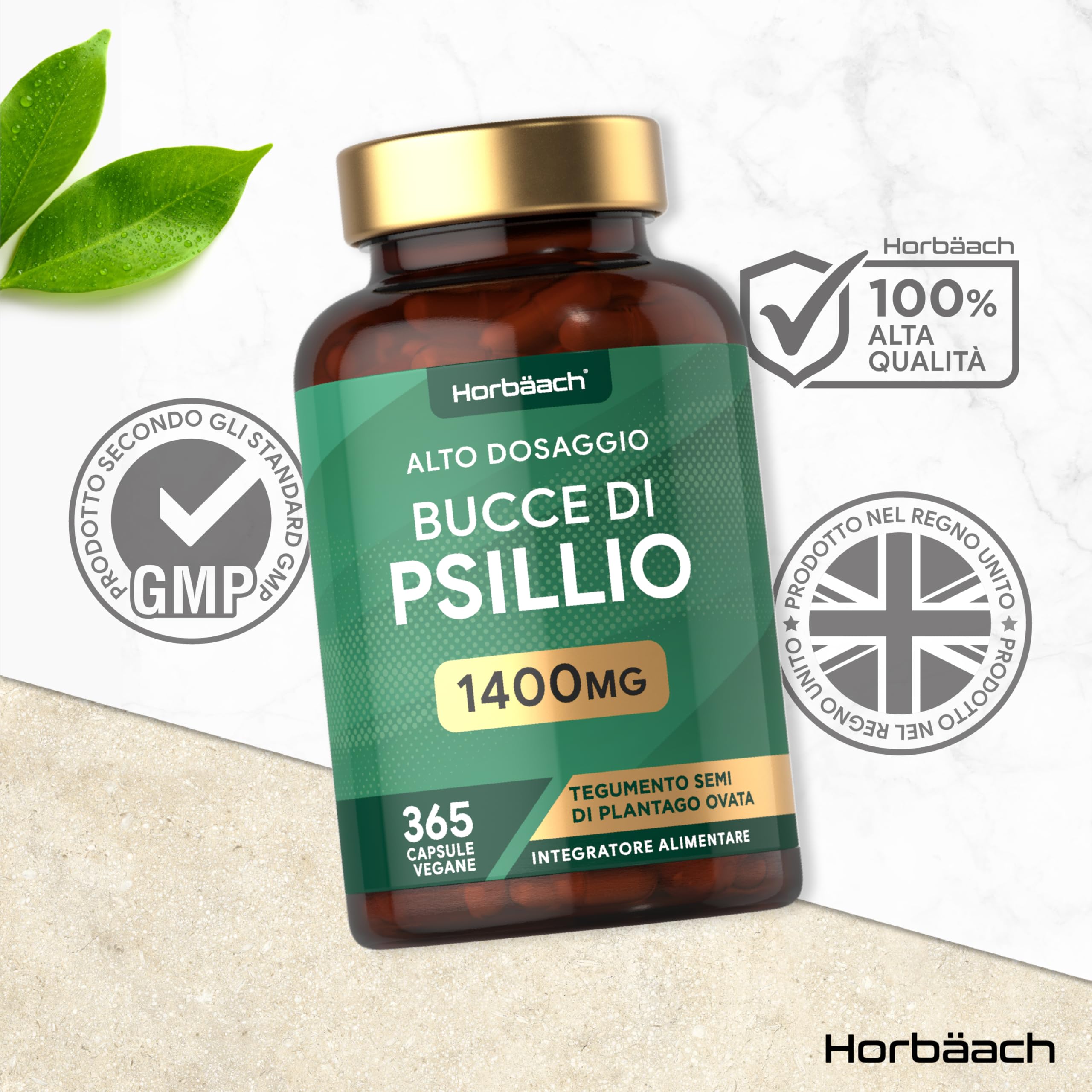 Psillio Capsule Alto Dosaggio 1400 mg | Buccia di Psillio in Polvere | 365 Capsule Vegane per 6 Mesi | Integratore di Fibre | Prebiotico Naturale | Psyllium Husk | di Horbaach