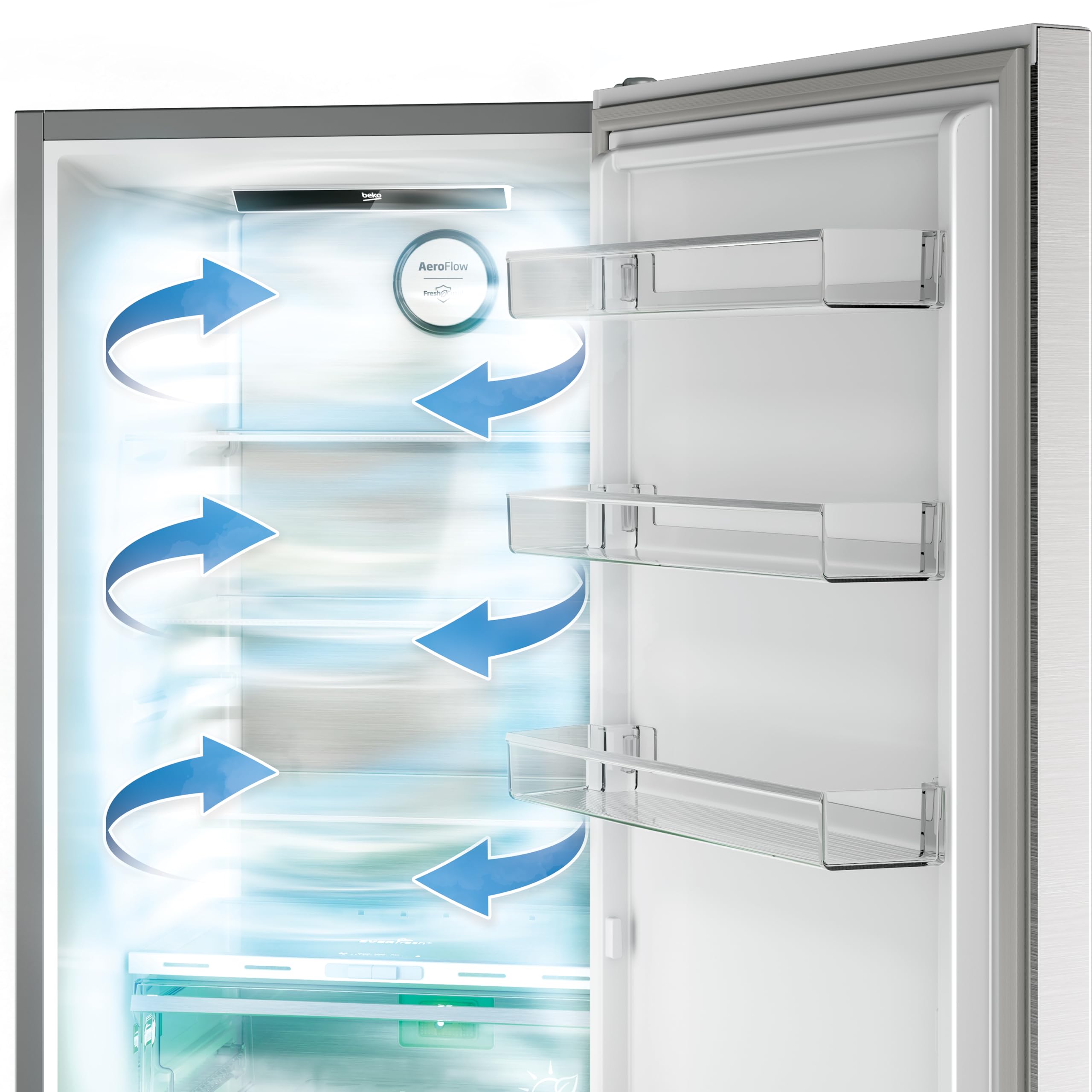Beko B5RCNA406DHXB1 Kühl-/Gefrierkombination freistehend, 355 l Gesamtrauminhalt, 203,5 cm Höhe, No Frost & AeroFlow, Wasserspender mit Tank, ProSmart Inverter Kompressor, leise 35 dB, Edelstahl-Look