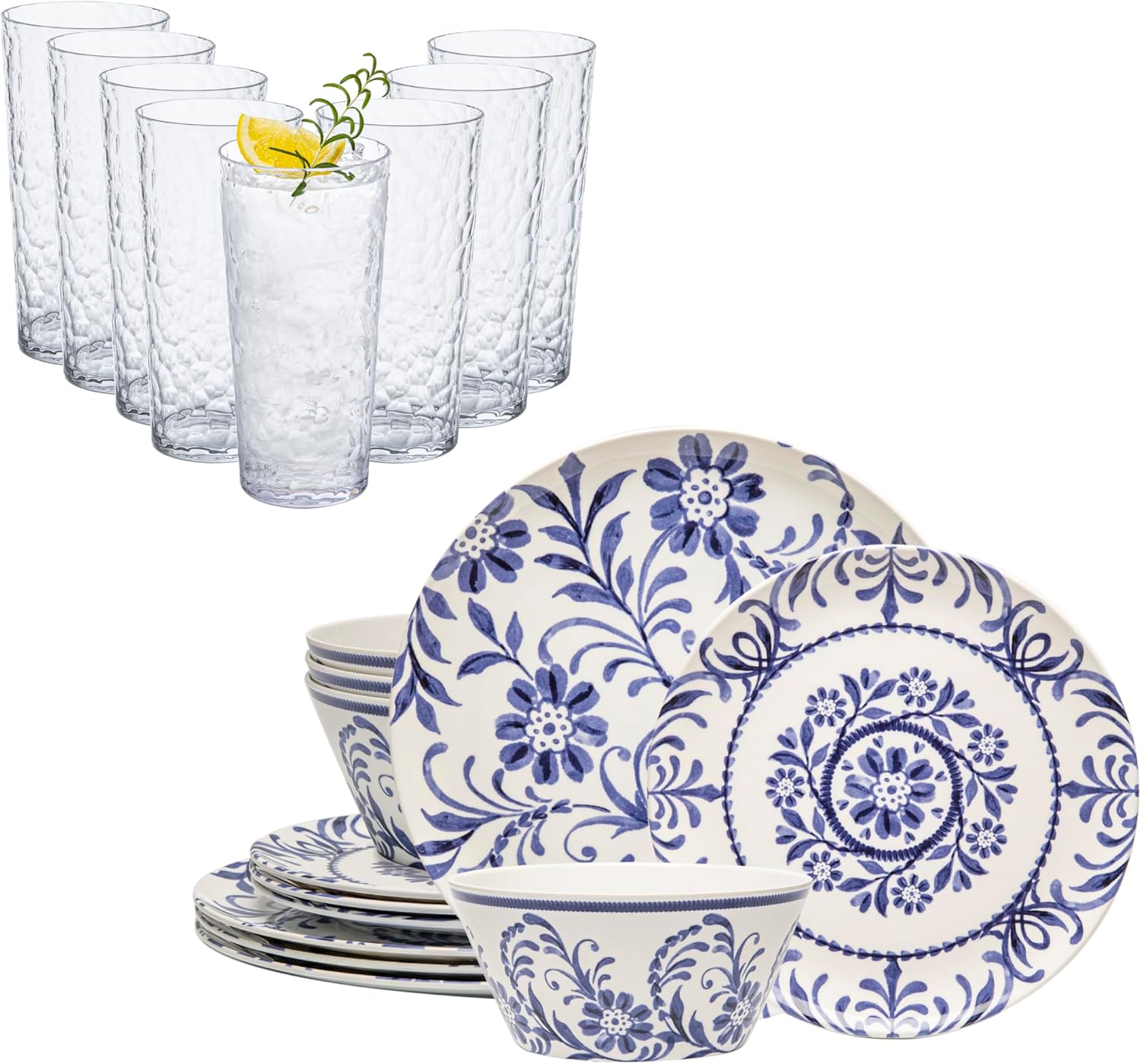 bzyoo ChillCraft 21oz Highball Tumbler Glass Set 12-Piece Melamine Dinnerware Set - Indigo Floral