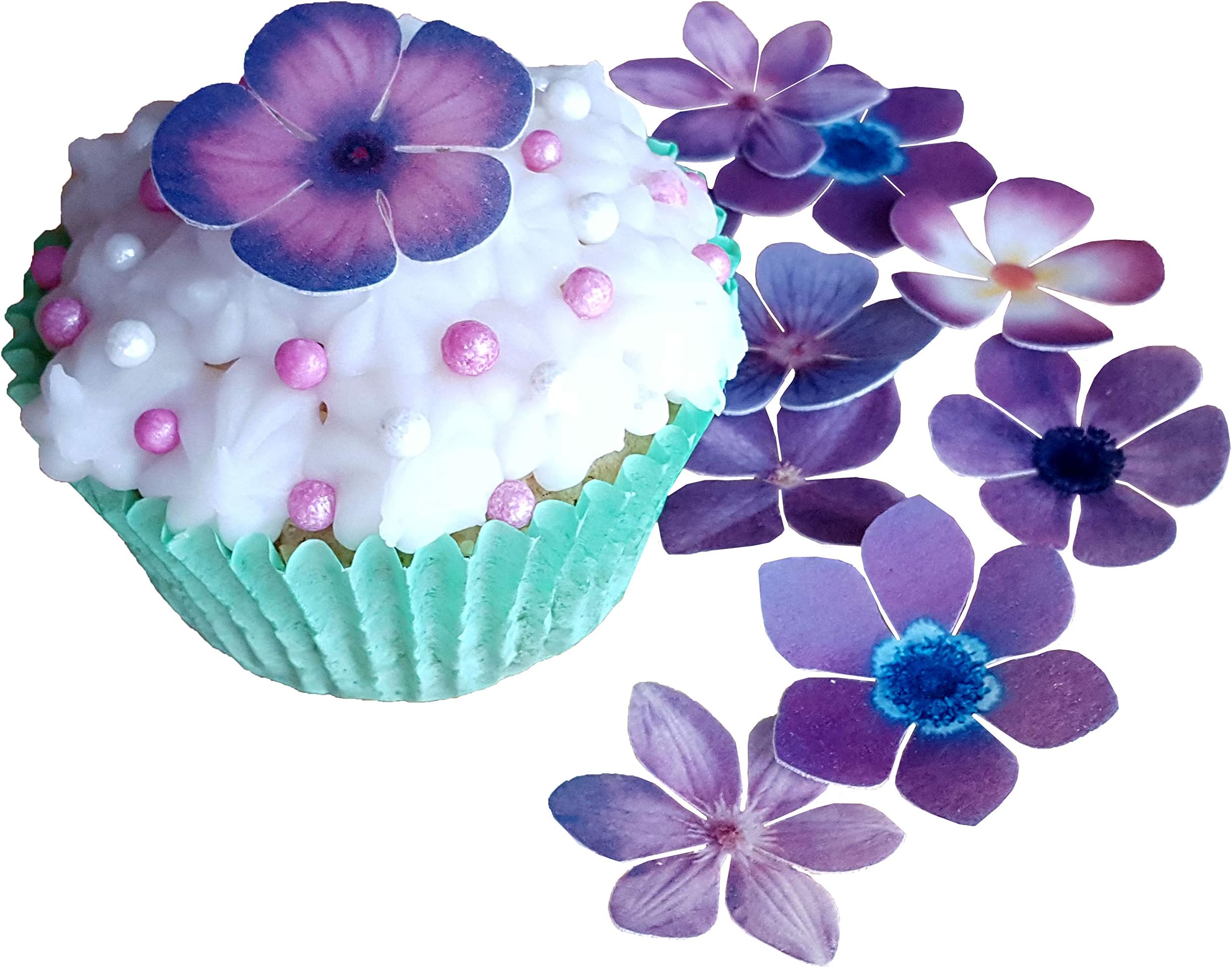 . Pre-Cut Beautiful Purple Flowers Edible Wafer/Rice Paper Pre Cut Cupcake Cake Dessert Toppers Birthday Party Wedding Baby Shower Decorations (Flowers)