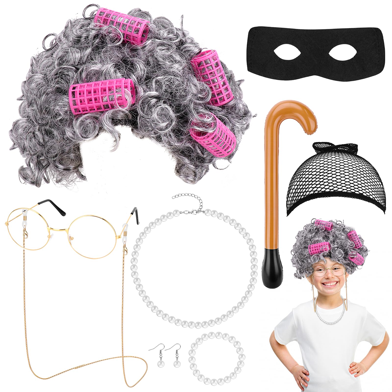 Homgaty14Pcs Old Lady Fancy Dress Set, Granny Wig Grandma Wig Kit