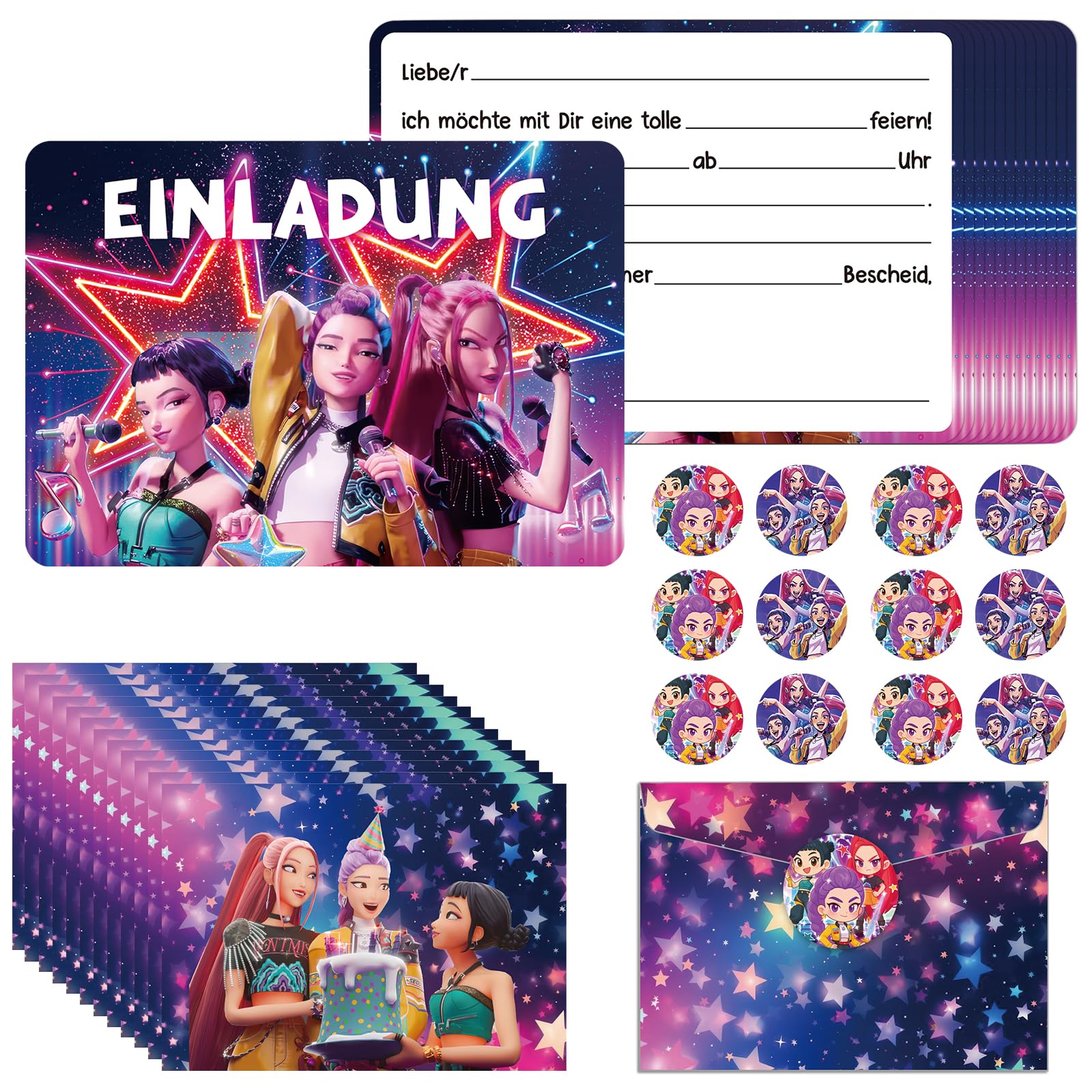 COQOYO Einladungskarten für Kindergeburtstag, 12 Stück Geburtstag Einladungen auf Deutsch, Party Einladung Set mit Anime-Demon-Hunters-Mustern, Bunten Umschlägen und Runden Aufklebern für Mädchen