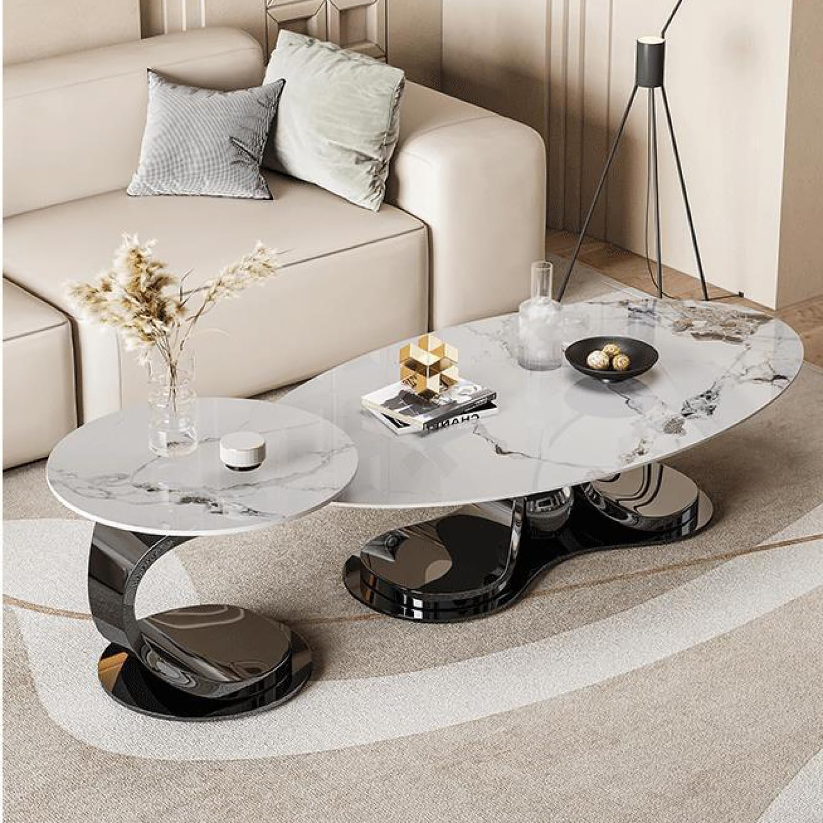 Table basse, design de luxe avec support en métal noir et plateau en pierre blanche, support solide, facile à nettoyer, style unique
