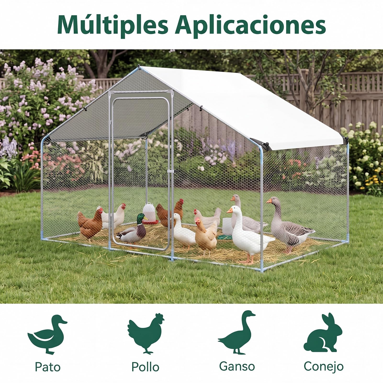 GYMAX Gallinero para Exterior Grande, 300 x 203 x 202 cm Jaula Gallinas de Metal con Corral Accesible, Cubierta Impermeable, Puerta Bloqueable y Estacas, Recinto Gallinero para Jardín, Granja