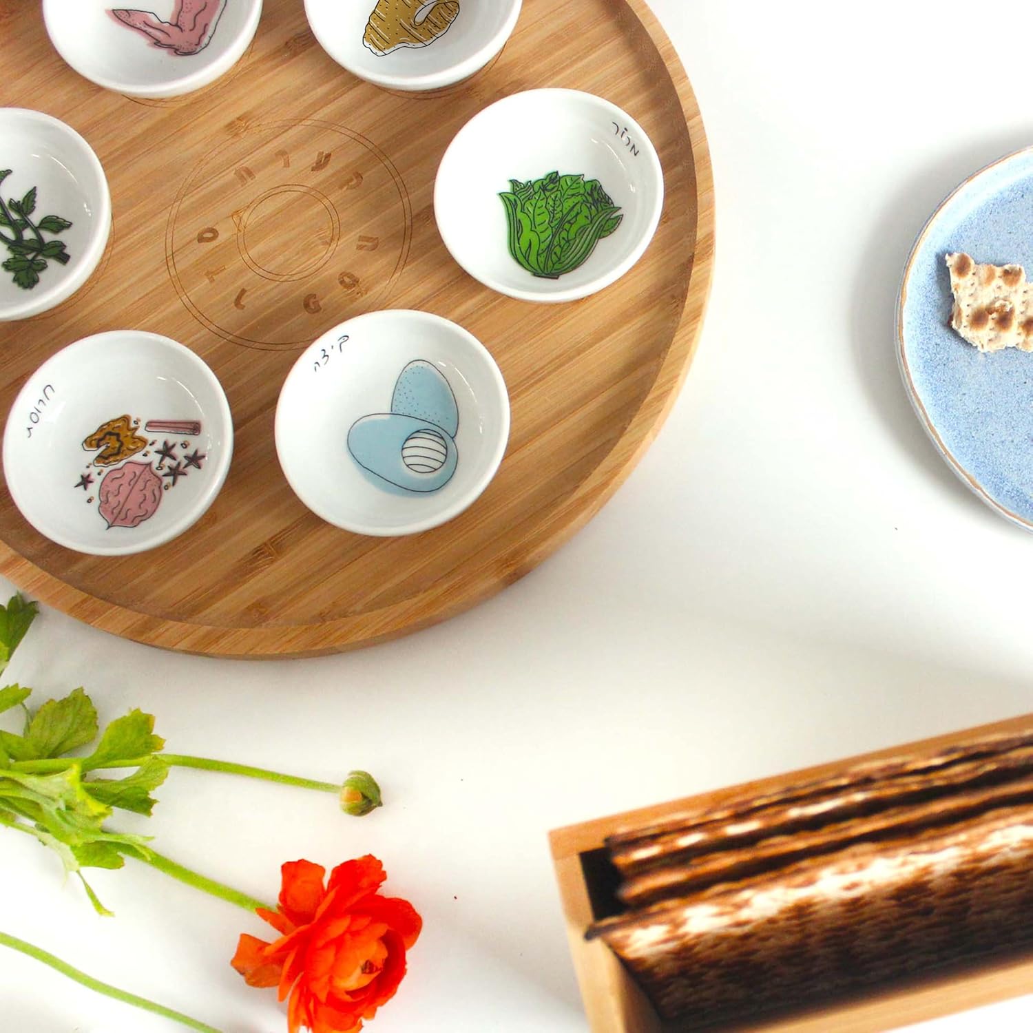 Handmade Standing Matza Box and Colorful Seder Plate Set, Modern Passover Table Decor, Bamboo Pesach Dinner Set, Israeli Designed Hebrew Gift