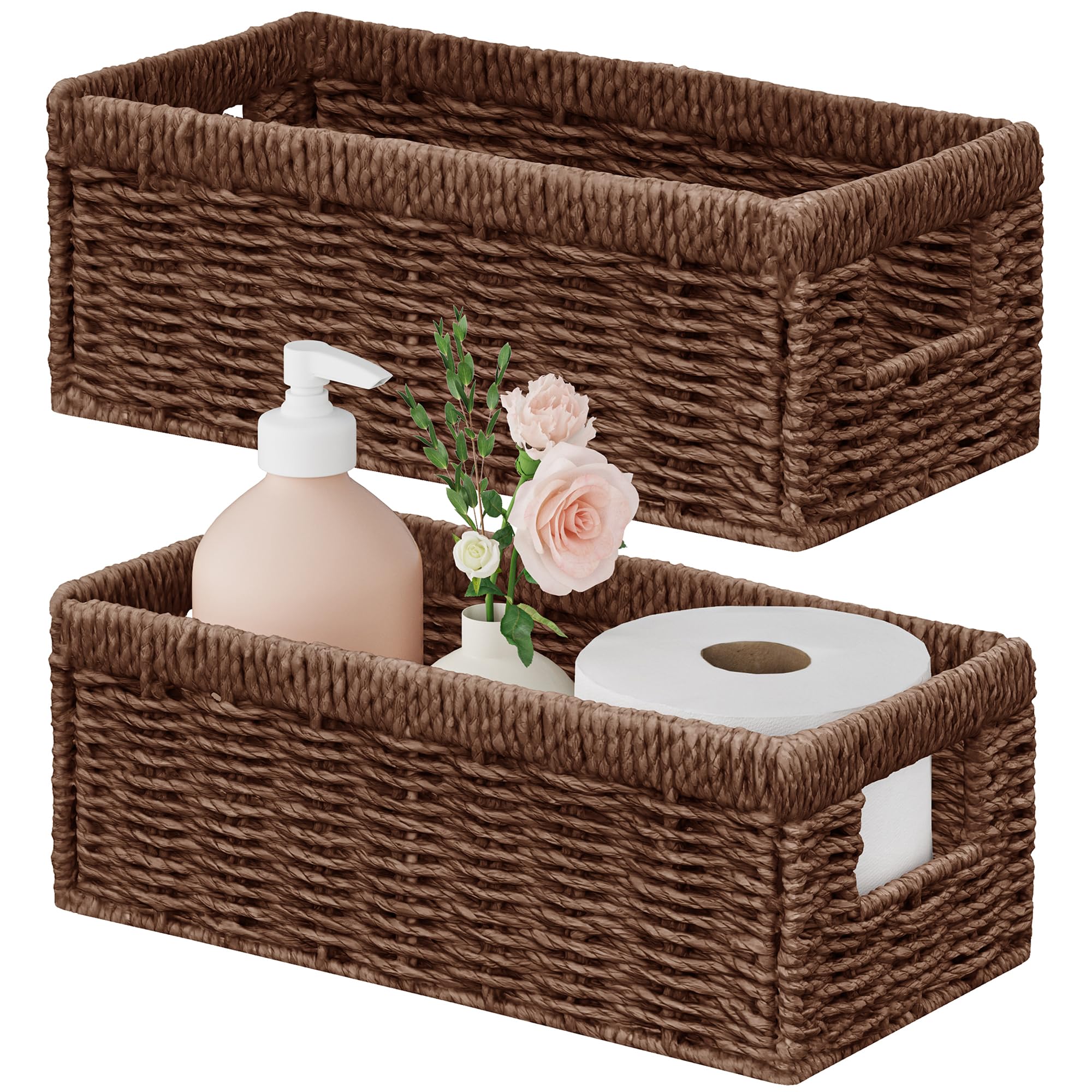 Vagusicc Set of 2 Storage Baskets, Hand-woven Small Wicker Basket with Handles, Foldable Wicker Storage Cubes Baskets Organizer Bins for Shelves Kitchen Bathroom Organization and Decoration, Brown — image 1