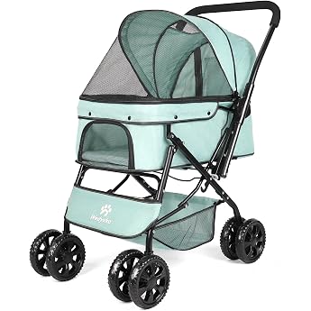 Foldable Cat Dog Stroller with Storage Basket 360 Swivel Wheels and Brake Lightweight Travel Stroller for Small and Medium Dogs Teal