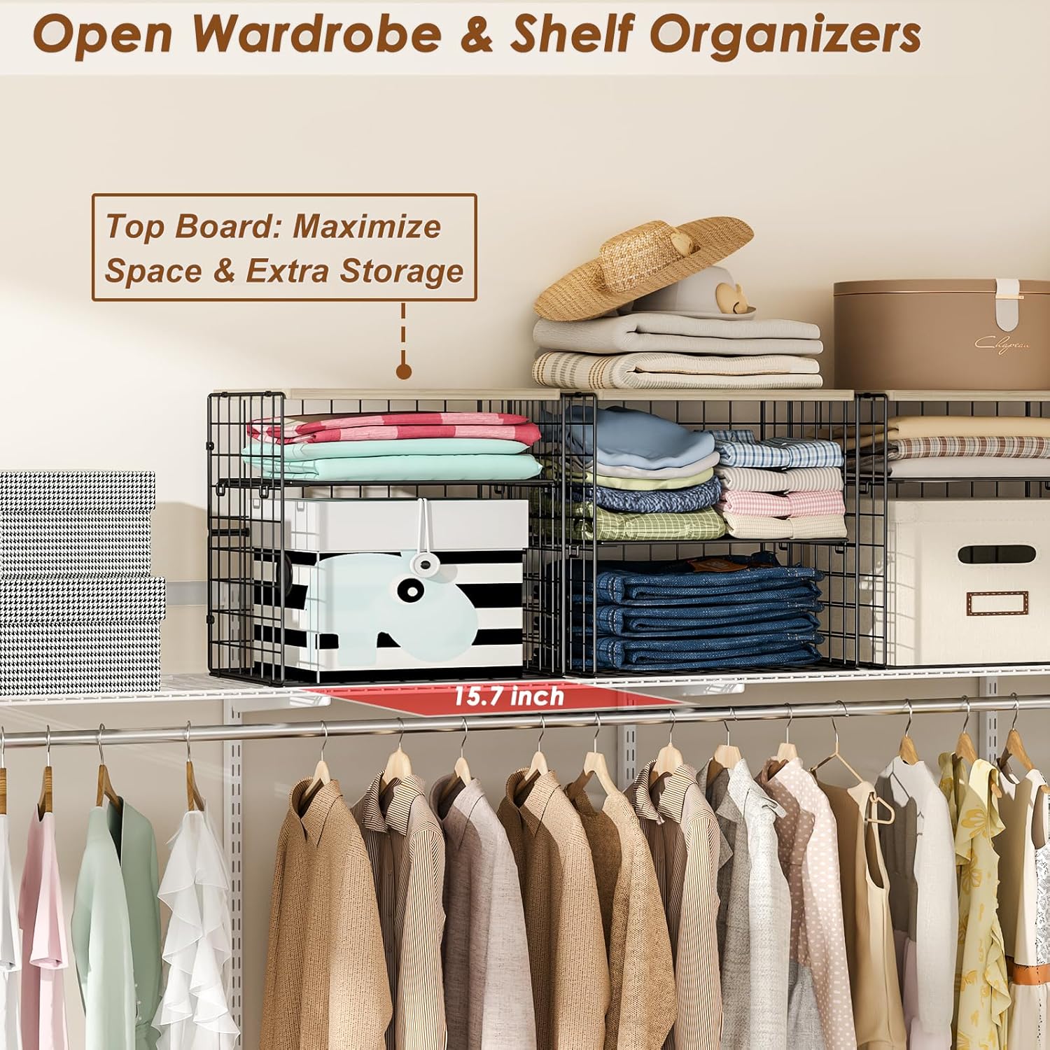 4-Tier Widened Closet Organizers and Storage, Extra Long Stackable Closet Shelf Organizer with Adjustable Dividers and Wood Top, Large Closet Storage Basket for Clothes, Jeans, Wardrobe Organization