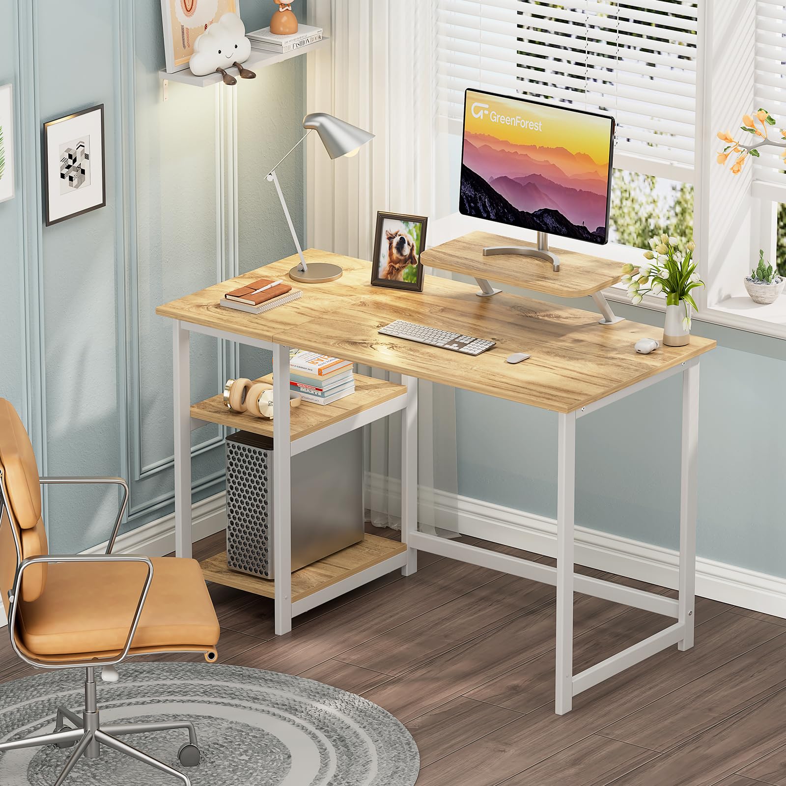 GreenForest Escritorio Ahorrar Espacio y Estantes Reversibles,100 cm Mesa de Estudio Compacta con Estante Monitor, para Oficina en Casa o Dormitorio Estudiante, Beige