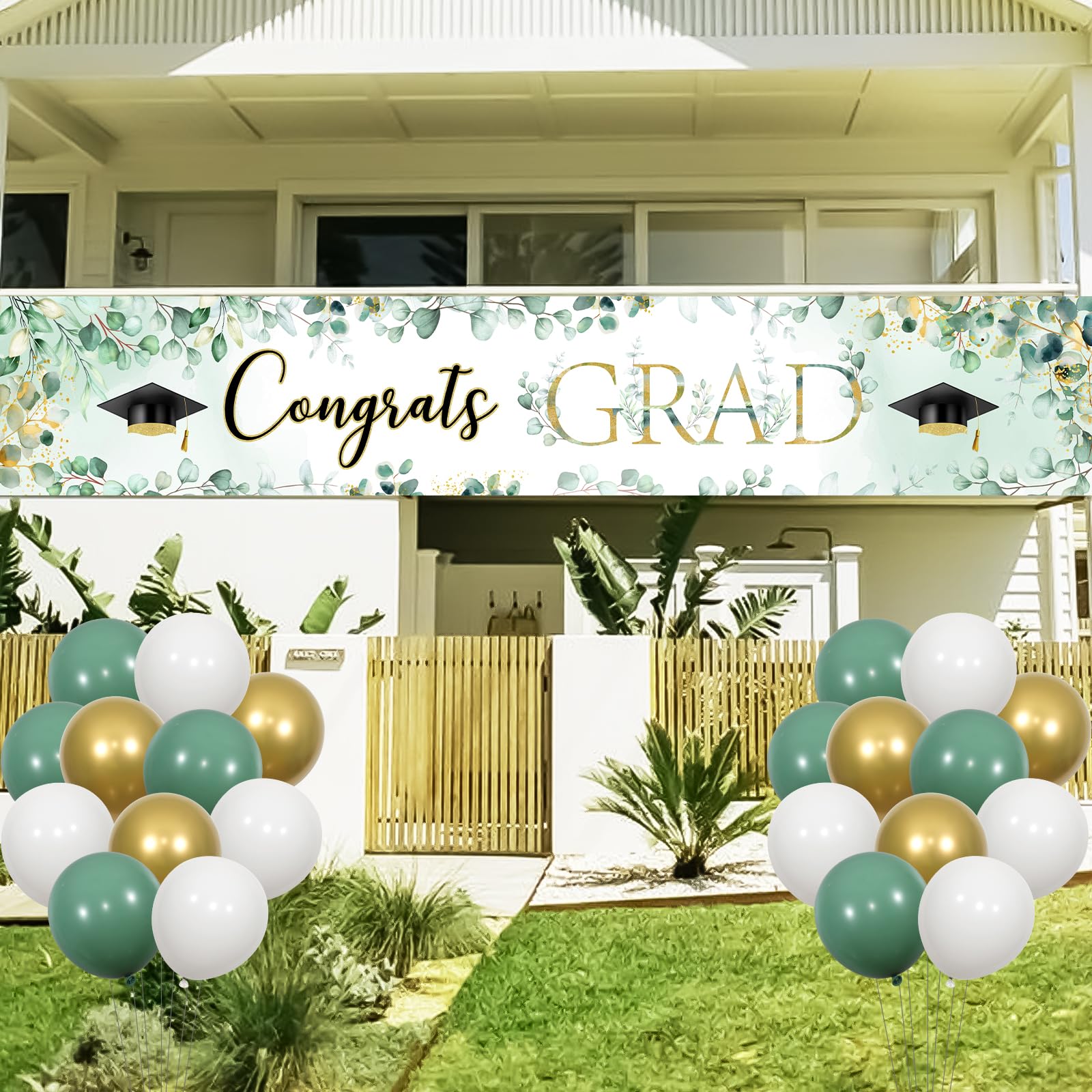 Greenery Graduation Decorations 2025 – Congrats Grad Yard Banner & 22 Latex Balloons, Eucalyptus Theme - View #5