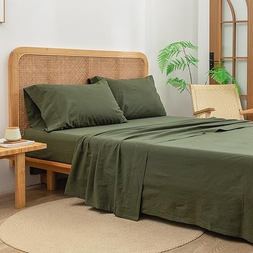 Miniatura 5 de BESTOUCH Juego de sábanas 100% algodón lavado, tacto súper suave, cómodo, elegante, ligero, juego de ropa de cama de 3 piezas, color verde oliva,
