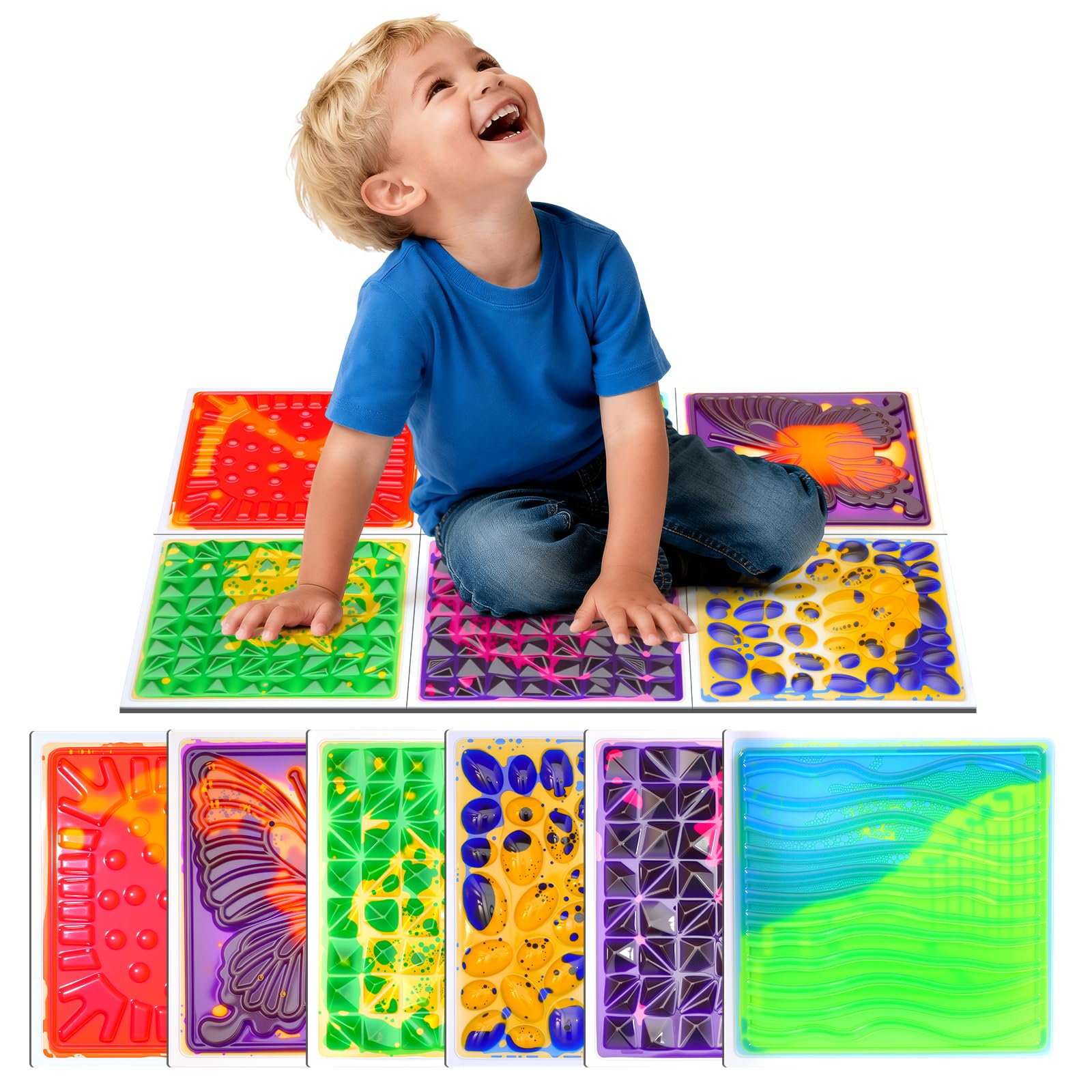 Liquid Sensory Floor Tiles 6 Pack Assorted 3D Textured Designs 30x30cm Eco-Friendly PVC UKCA BS EN71 Autism Sensory Equipment Sensory Room Sensory Toys for Kids Nursery Classroom Home Ymoryiyi