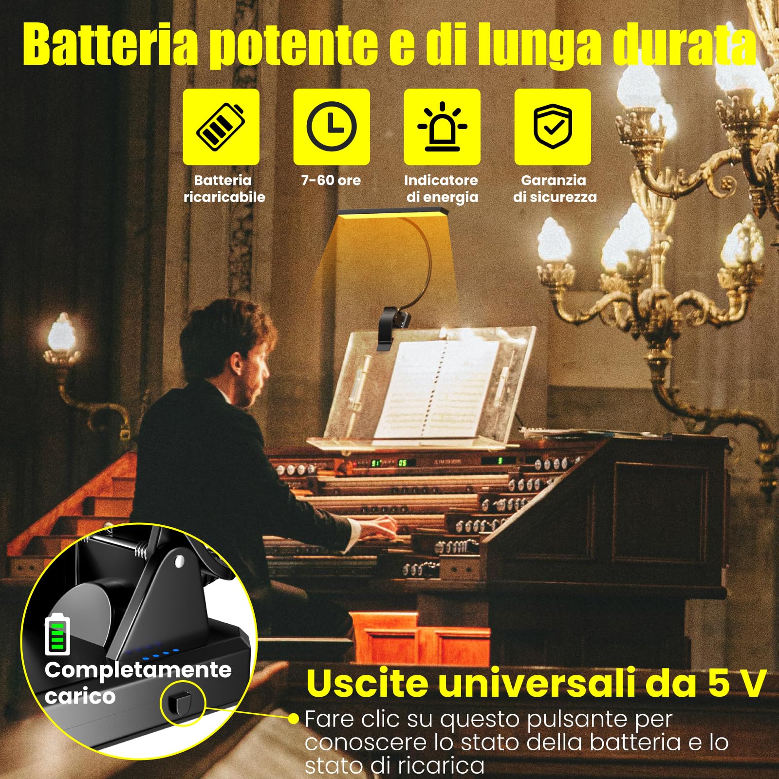 Luce a 30 LED per leggio, luce a clip per leggio, luce ricaricabile USB per pianoforte,luce da lettura, 4 colori e 3 luminosità, perfetta per pianoforte, lettura,violino,orchestra,Spartiti