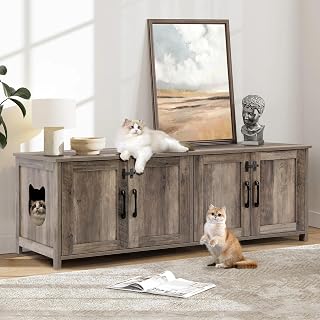 Cat Litter Box Enclosure for 2 Cats, Litter Box Furniture Hidden with Double Room, Wooden Litter Box Furniture with Lackable Cat Door,Cats House,Hideaway Litter Box (Greige)