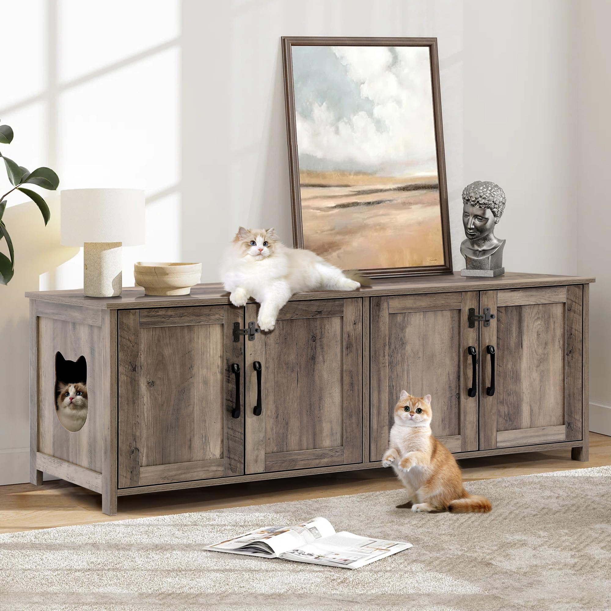 TITIMO Cat Litter Box Enclosure for 2 Cats - Litter Box Furniture Hidden with Lockable Door,Wooden Cat Washroom Furniture with Double Room,Cat House,