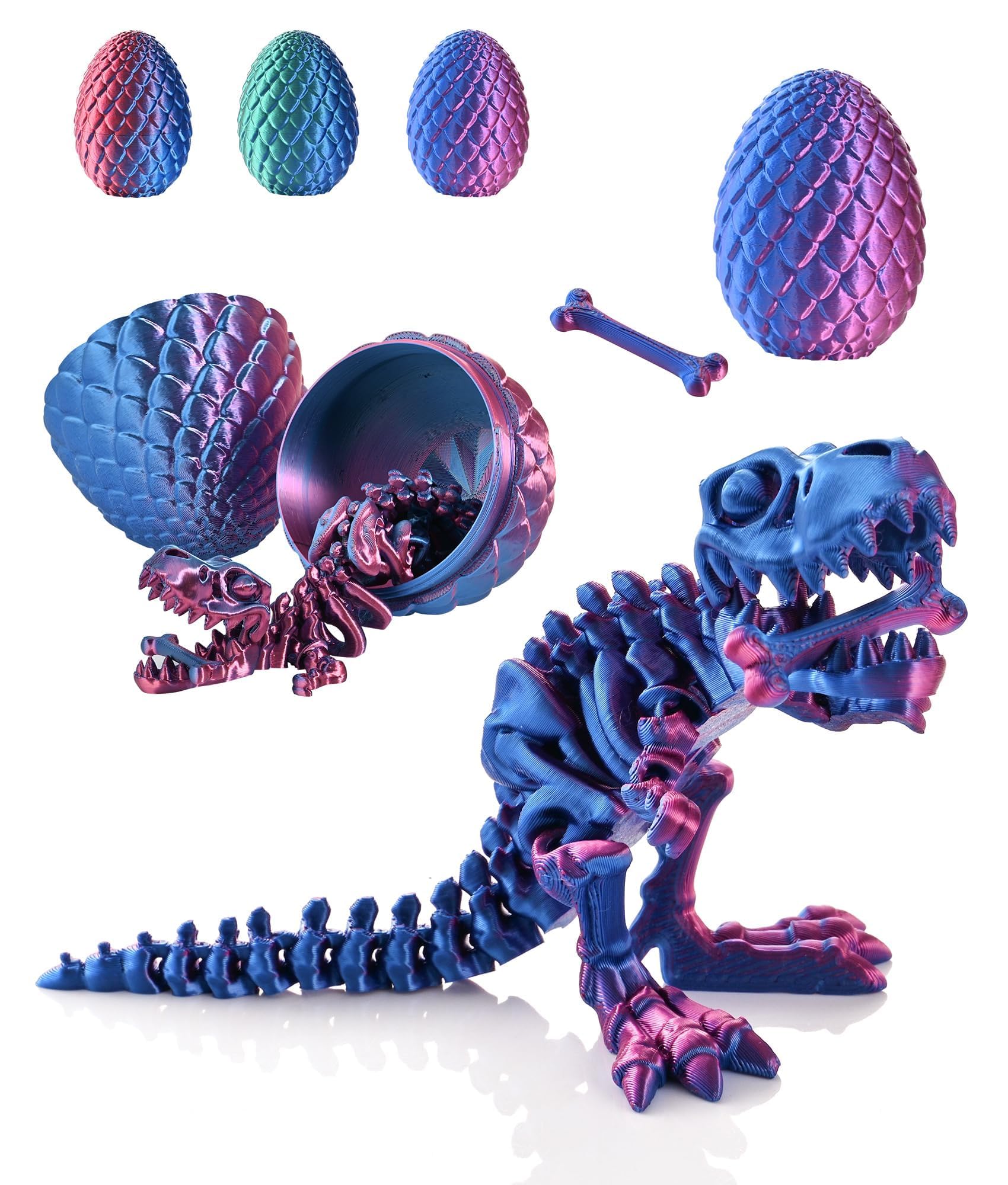 GemmiCho 3D Printed Dinosaur Toy, 3D Printed T-Rex with Egg, Articulated T-Rex Skeletons, 3D Printed Toys, 3D Printed Skeleton Dinosaur Egg, Home