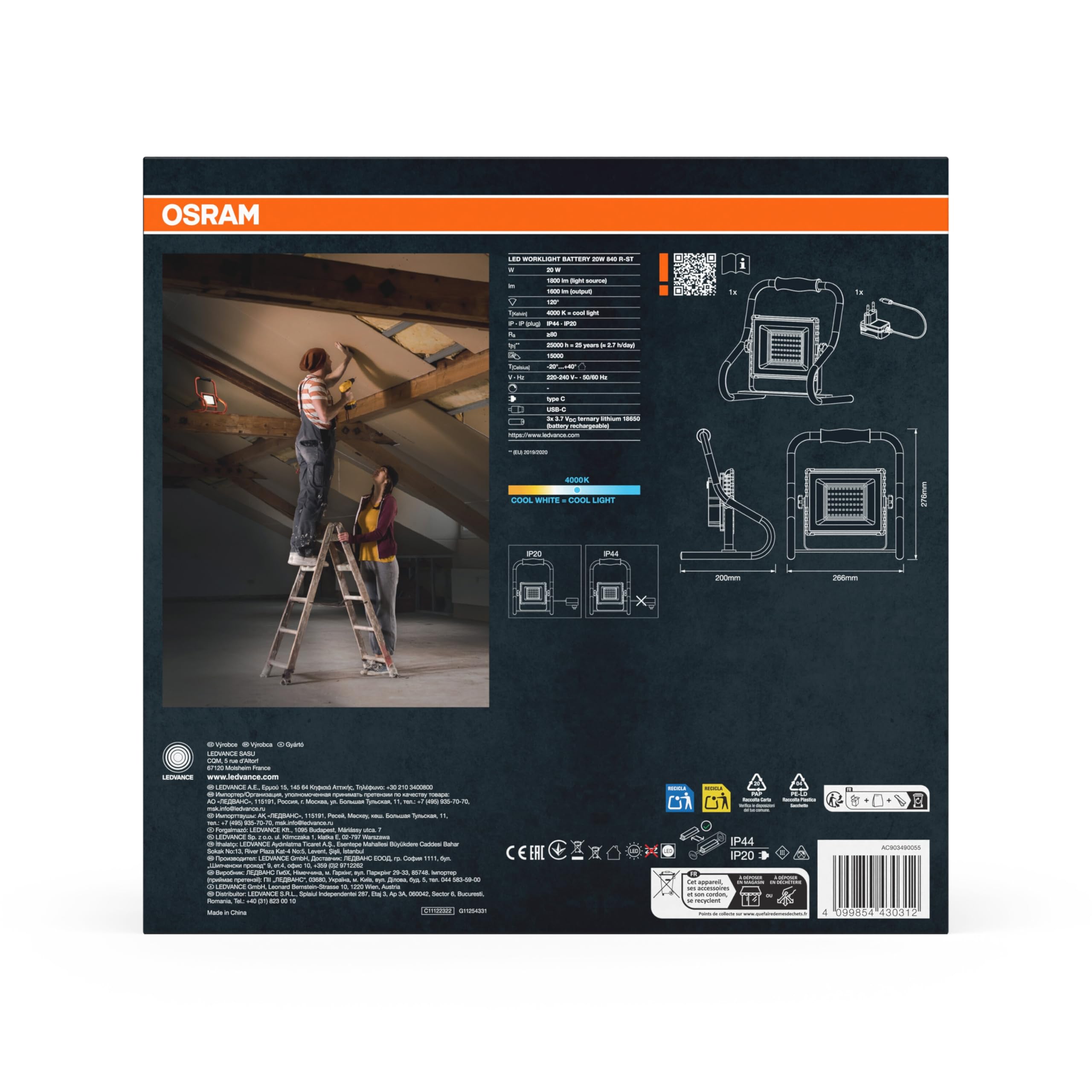 OSRAM Lampa robocza zasilana akumulatorem R-Stand 20W 4000K w kolorze pomarańczowym z obudową aluminiową, stopień ochrony IP44, do renowacji, piwnic i garaży