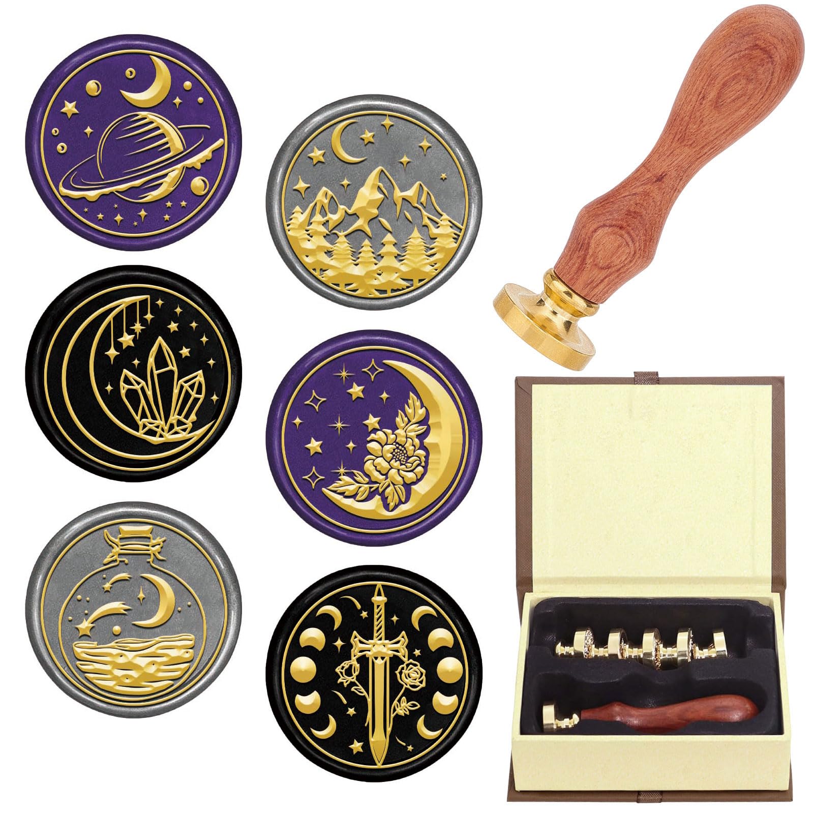 CRASPIRE 7Pcs Sealing Wax Stamp Set Moon Celestial Wax Seal Stamps Set 6 Style Star Mountain Removable Golden Brass Stamp Head 1Pc Wooden Handle for