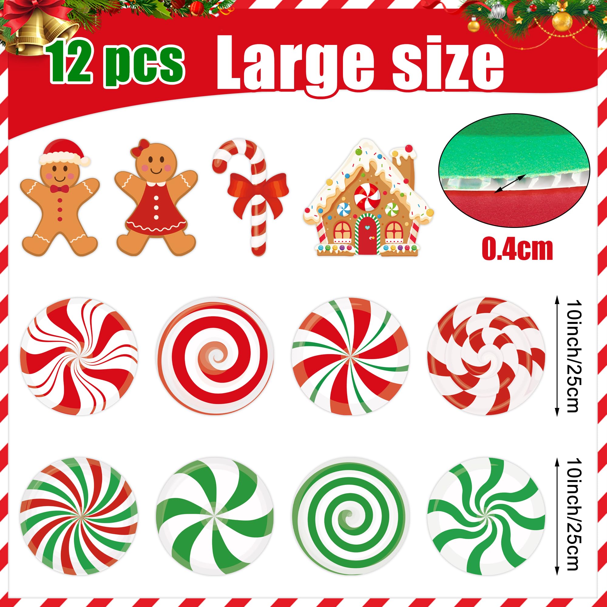 12 Stück große Süßigkeiten-Lebkuchen-Weihnachtsbaum-Plektren, 25,4 cm, Zuckerstange, Lebkuchenmann, Weihnachtsbaumschmuck, Pfefferminz-Lutscher, hängende Dekoration für Weihnachtsbäume, Dekoration