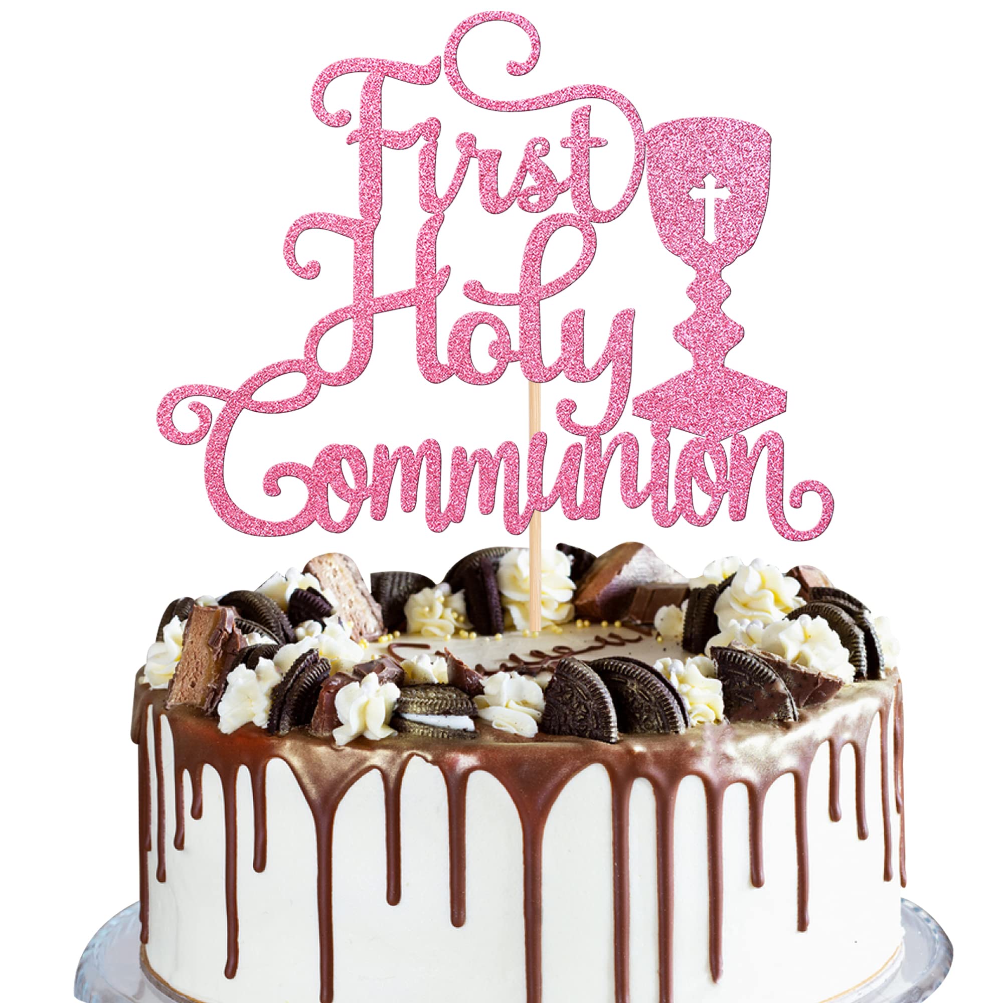 Xsstarmi 1 Pcs First Holy Communion Cake Topper Glitter Christian Baby Baptism God Bless Cake Pick First Communion Baby Shower Party Cake Decorations Supplies Pink โ image 1