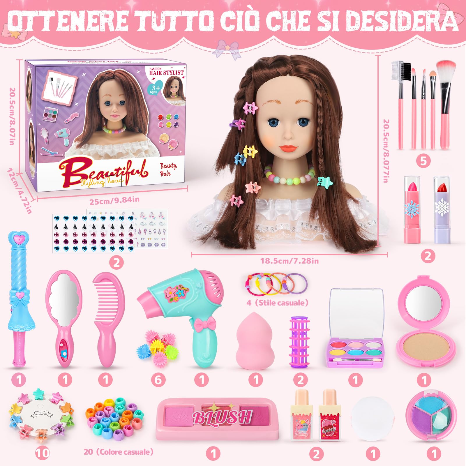 Testa Bambola da Truccare e Pettinare, 66 Pezzi Testa da Pettinare Bambina, Bambola da Truccare Regalo di Compleanno, Natale per Bambini a Partire Dai 3 Anni (Bianco)