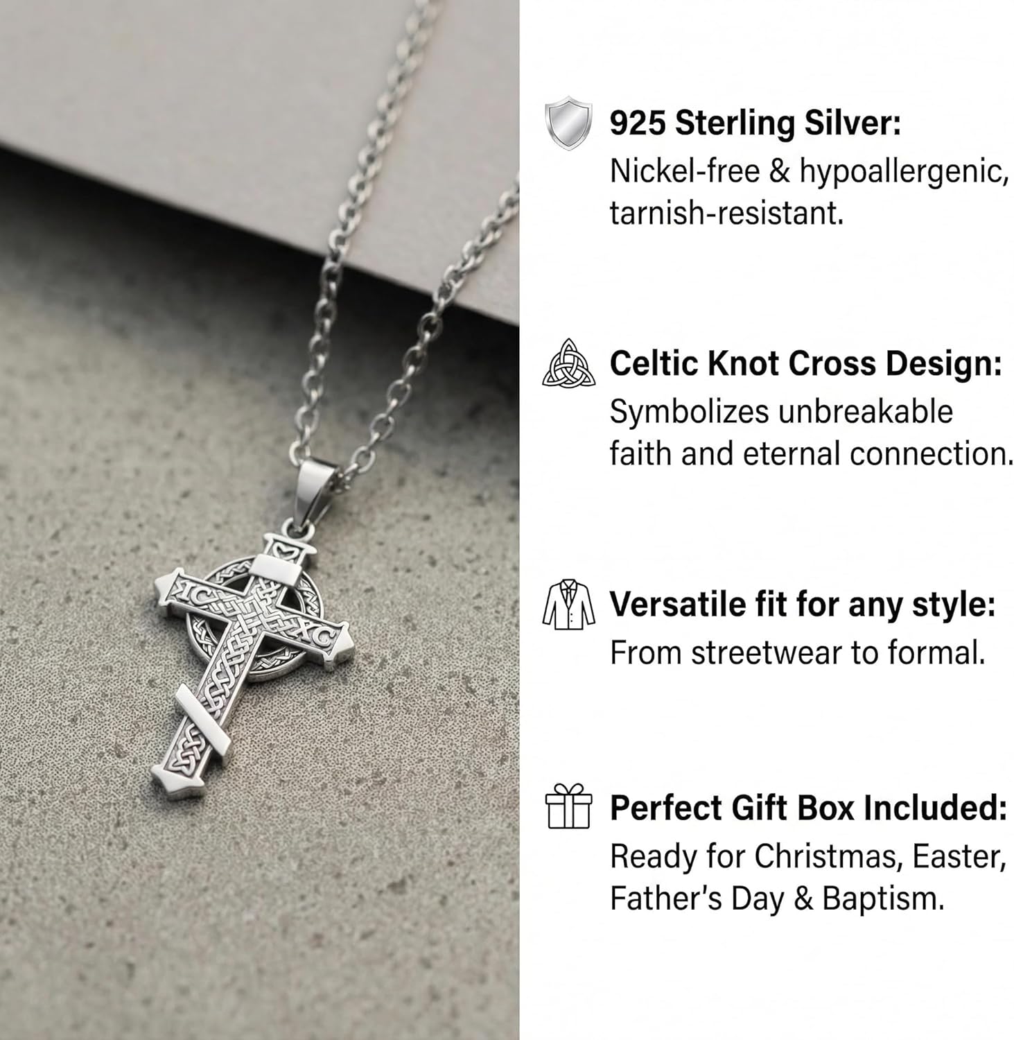 925 Sterling Silver Orthodox Cross Necklace, Crucifix Pendant Eastern Orthodox & Catholic Byzantine NIKA Jesus Cross Necklace for Men Religious Jewelry