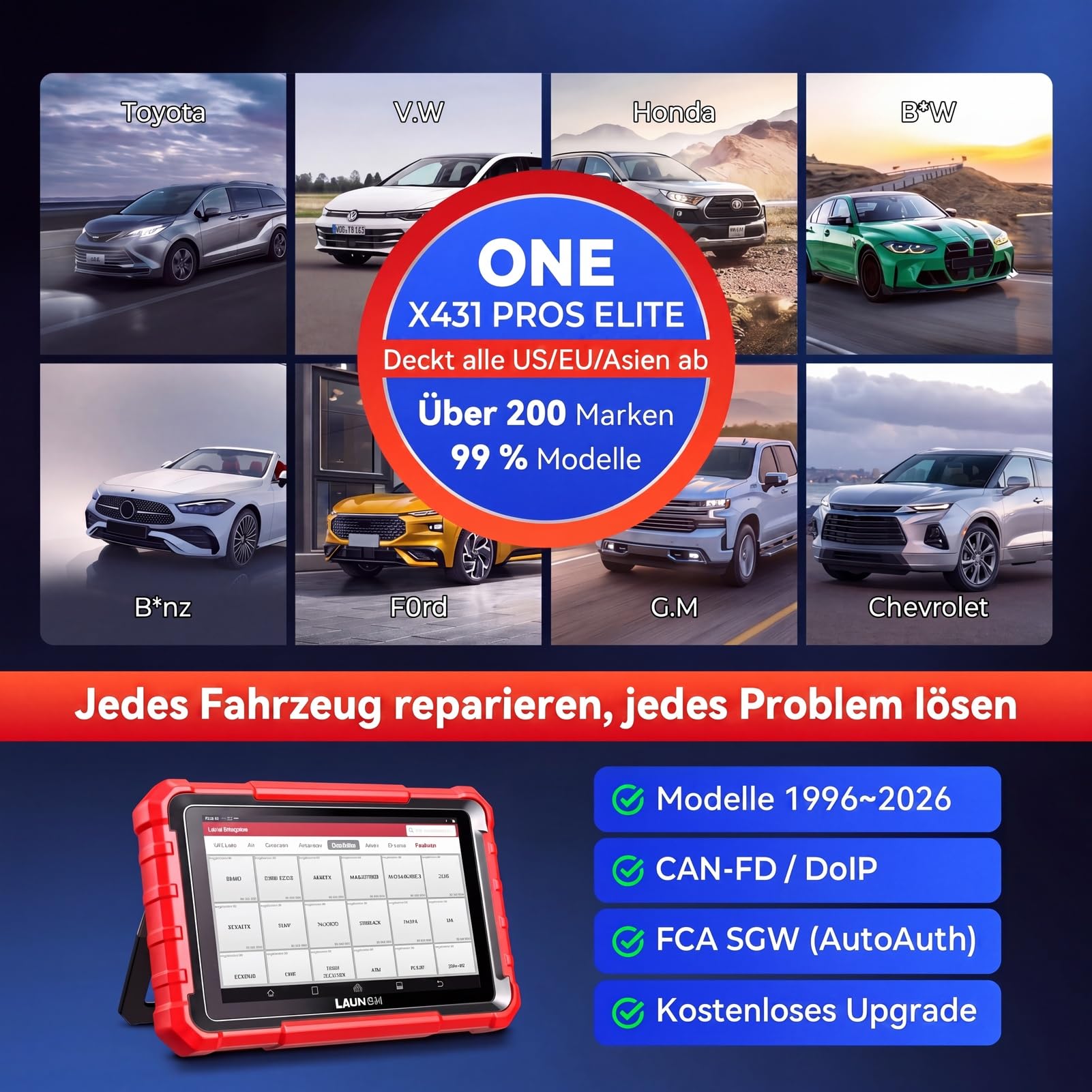 LAUNCH X431 Pros Elite OBD2 Diagnosegerät Auto, Bidirektional Scanner mit ECU Codierung, Voll Systemdiagnose, 45+ Servicefunktionen, CANFD & DOIP, FCA Autoauth, 2 Jahren Update