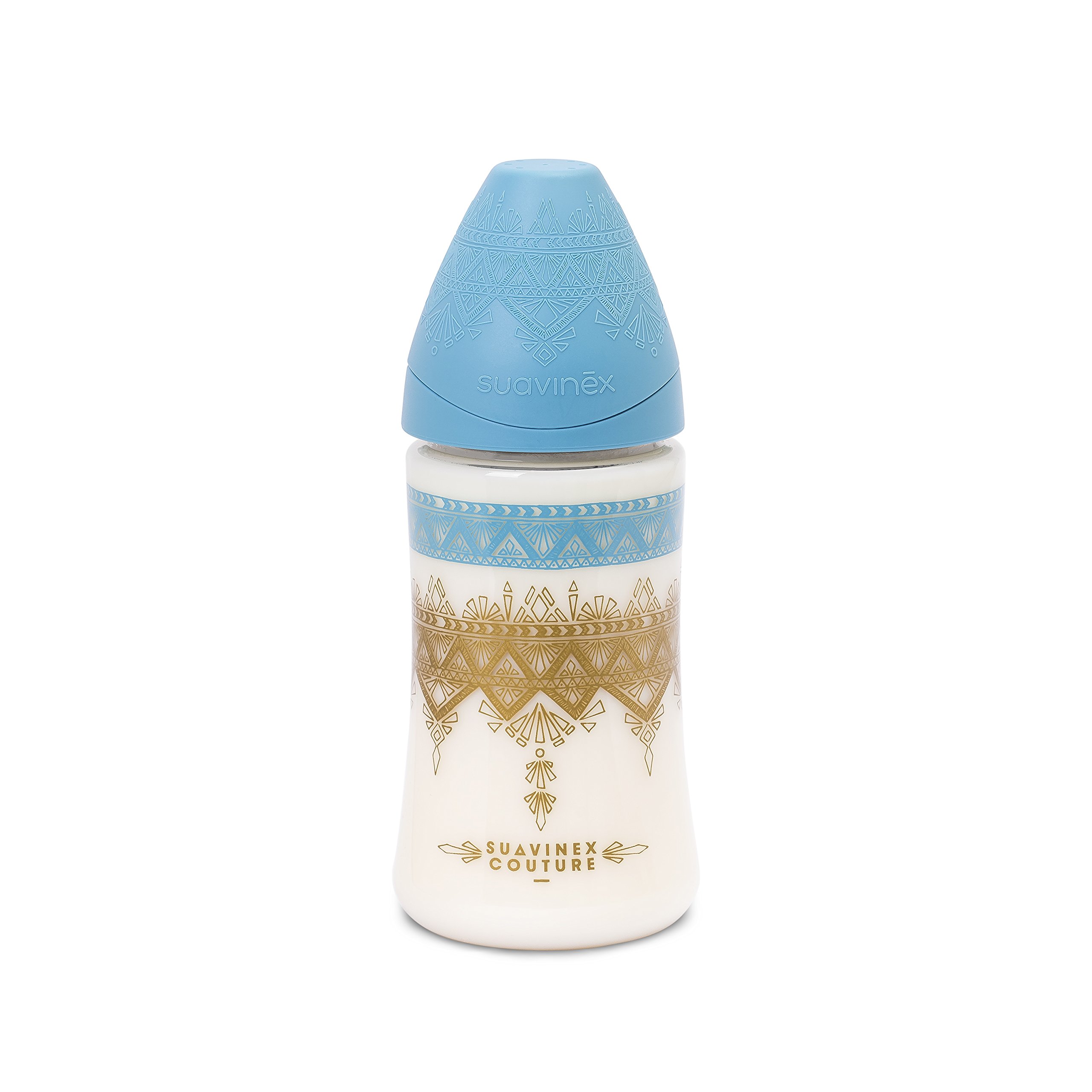 SuavinexPremium Haute Couture Baby Bottle Round Silicone Teat 3 Positions 270 ml Baby Bottle + 0 Months 0% BPA Ethnic Design Blue