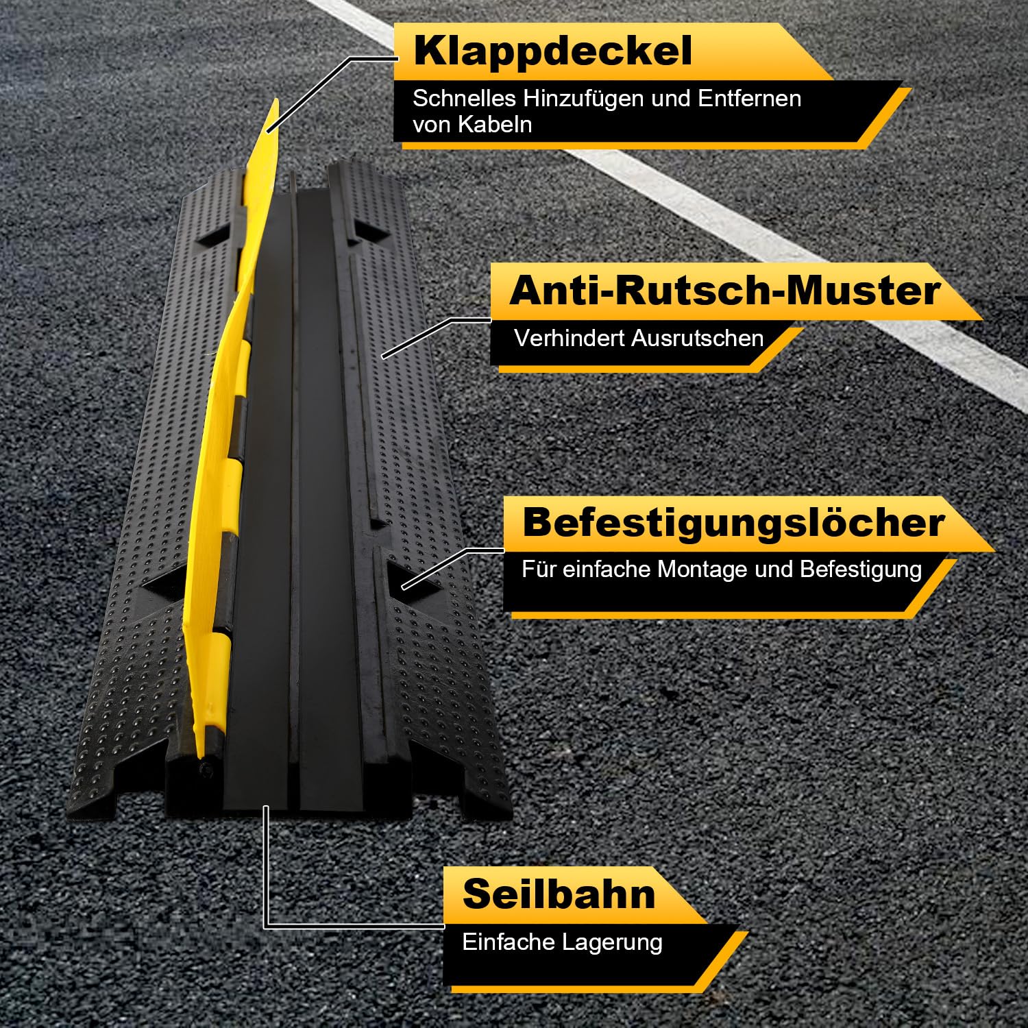 Kabelschutzmatte 12 Stück, 2 Kanal Kabelkanal, Überfahrschutz für Kabel, Kabelbrücke aus Handelsüblichem Thermoplastischem Gummi, 100 x 15 x 2,5 cm Schlauchbrücke, für Parkplätze, Lagerhäuser
