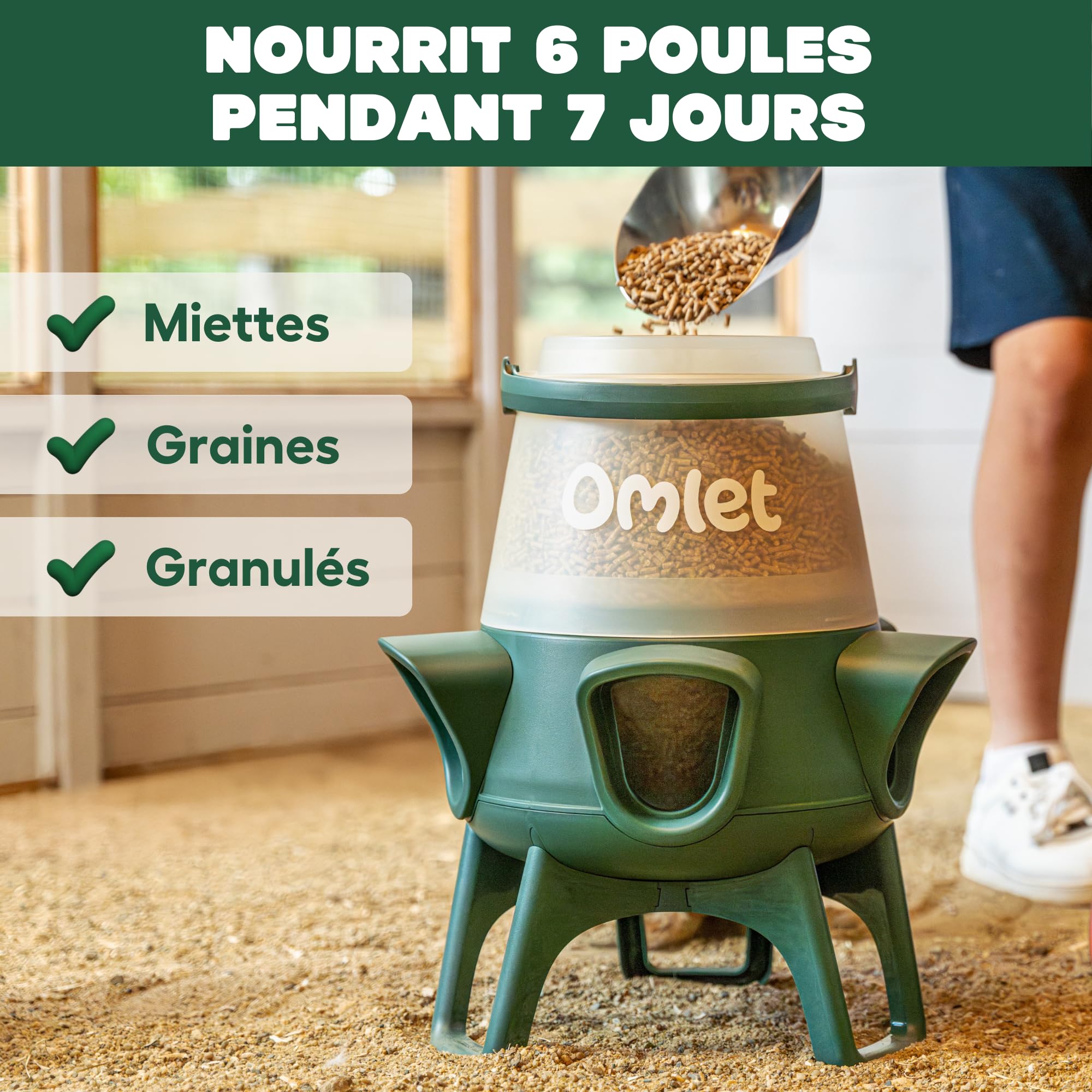 Omlet Mangeoire Poule Anti Gaspillage pour Poulailler | 5kg Mangeoire Volaille Anti-Renversement avec 5 Compartiments | Nourrit 6 Poules pendant 7 Jours | Suspendue ou Sur Pied