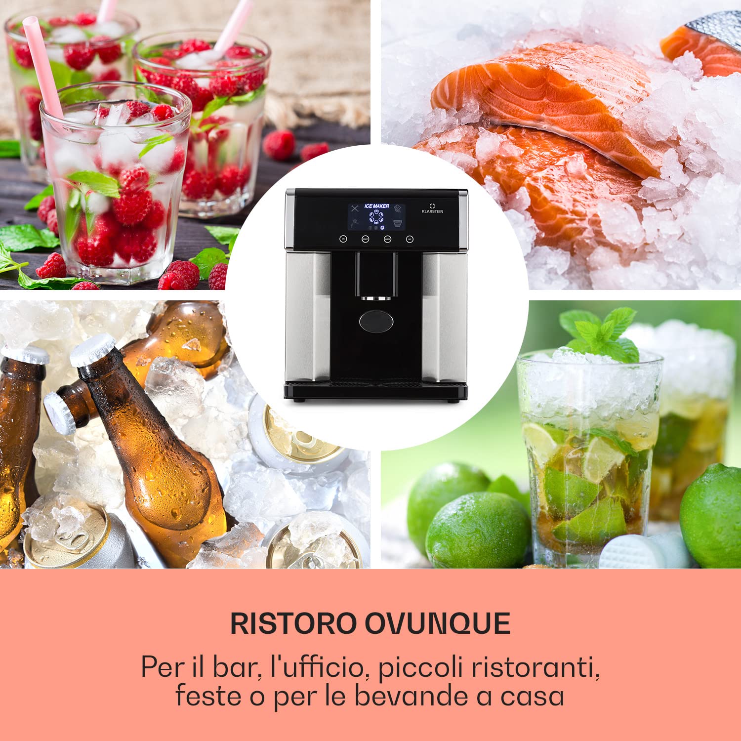 Klarstein Eiszeit - Macchina per il Ghiaccio, Macchina del Ghiaccio, 3 Forme Cubetti, 10-15 kg/24 H, Serbatoio Acqua: 3 L, Display LCD, Capacità Ghiaccio: 600g, Acciaio Inox Spazzolato, Argento