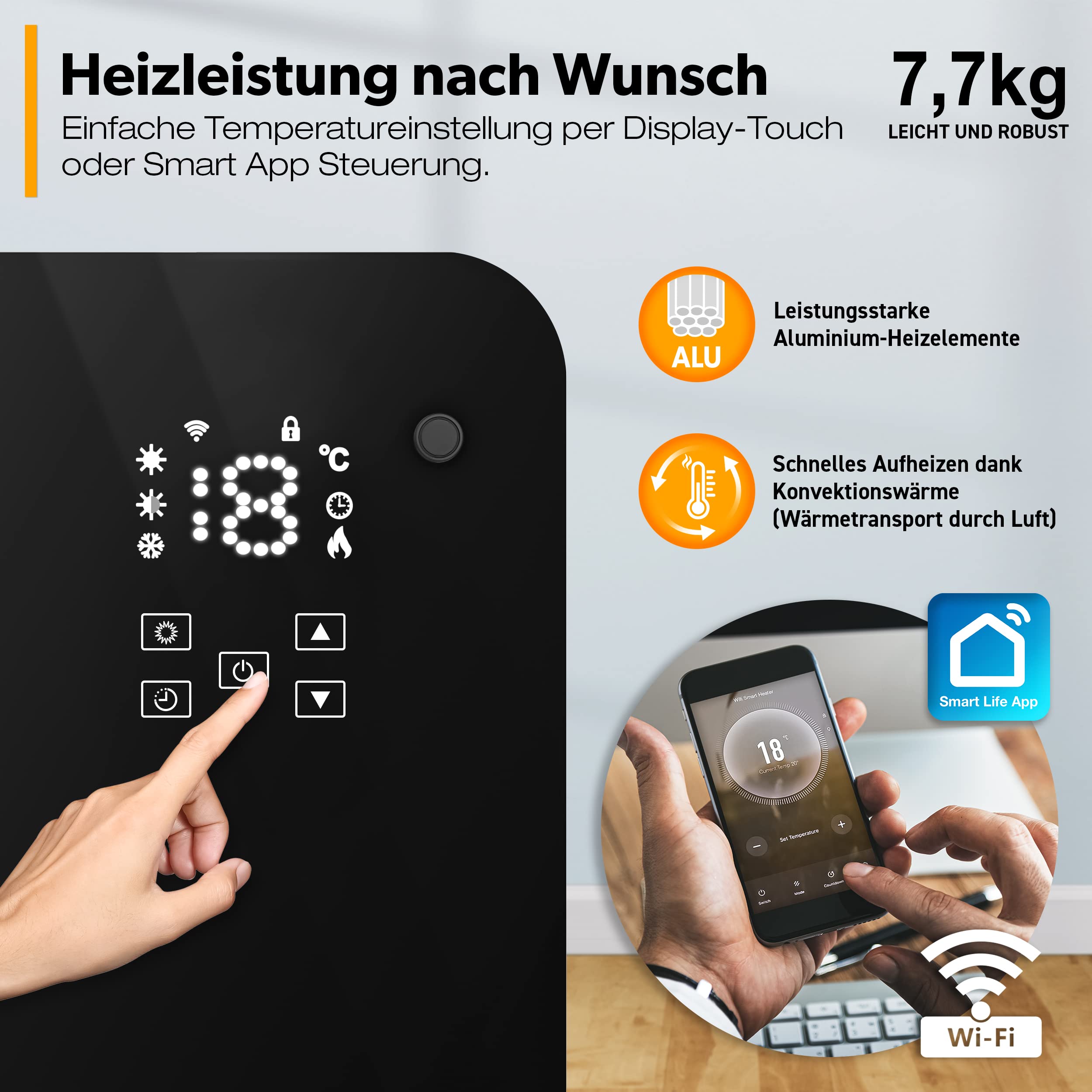 TRESKO Szklany konwektor 2000 W, APP WiFi, grzejnik elektryczny w zestawie Pilot zdalnego sterowania | szkło konwektorowe ogrzewanie dotykowe i wyświetlacz LCD | elektryczne ogrzewanie podłogowe lub