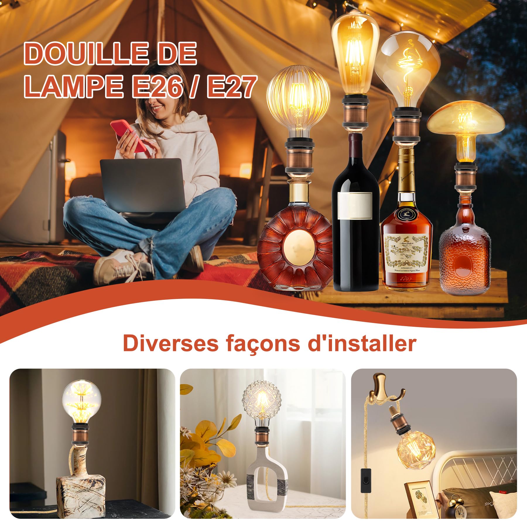 2PCS Kit Lampada Bottiglia, Portalampada E27 con Cavo di Canapa da 240CM, Supporto per Lampada Bottiglia, 3 Tappi Flessibili, Adattatore per Bottiglia per Portalampada, Può Fare da Paralume, Rosso