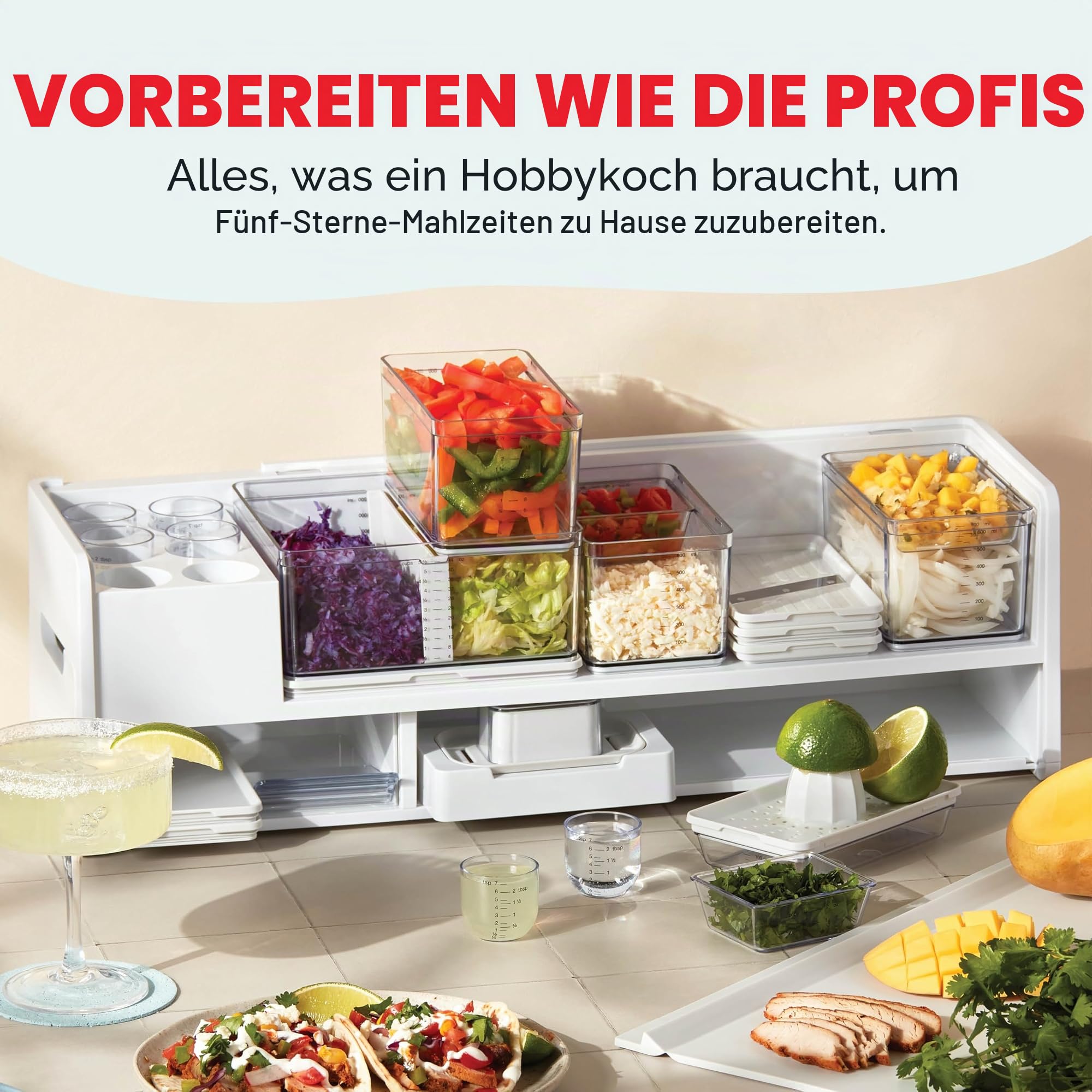 Prepdeck Gen 2 Rezeptvorbereitungs- und Aufbewahrungsstation – 8 wichtige Werkzeuge + Deluxe-Schneidebrett, 14 Kunststoffbehälter + superversiegelte Deckel, abnehmbare Müllfächer, Tablet-Ständer im