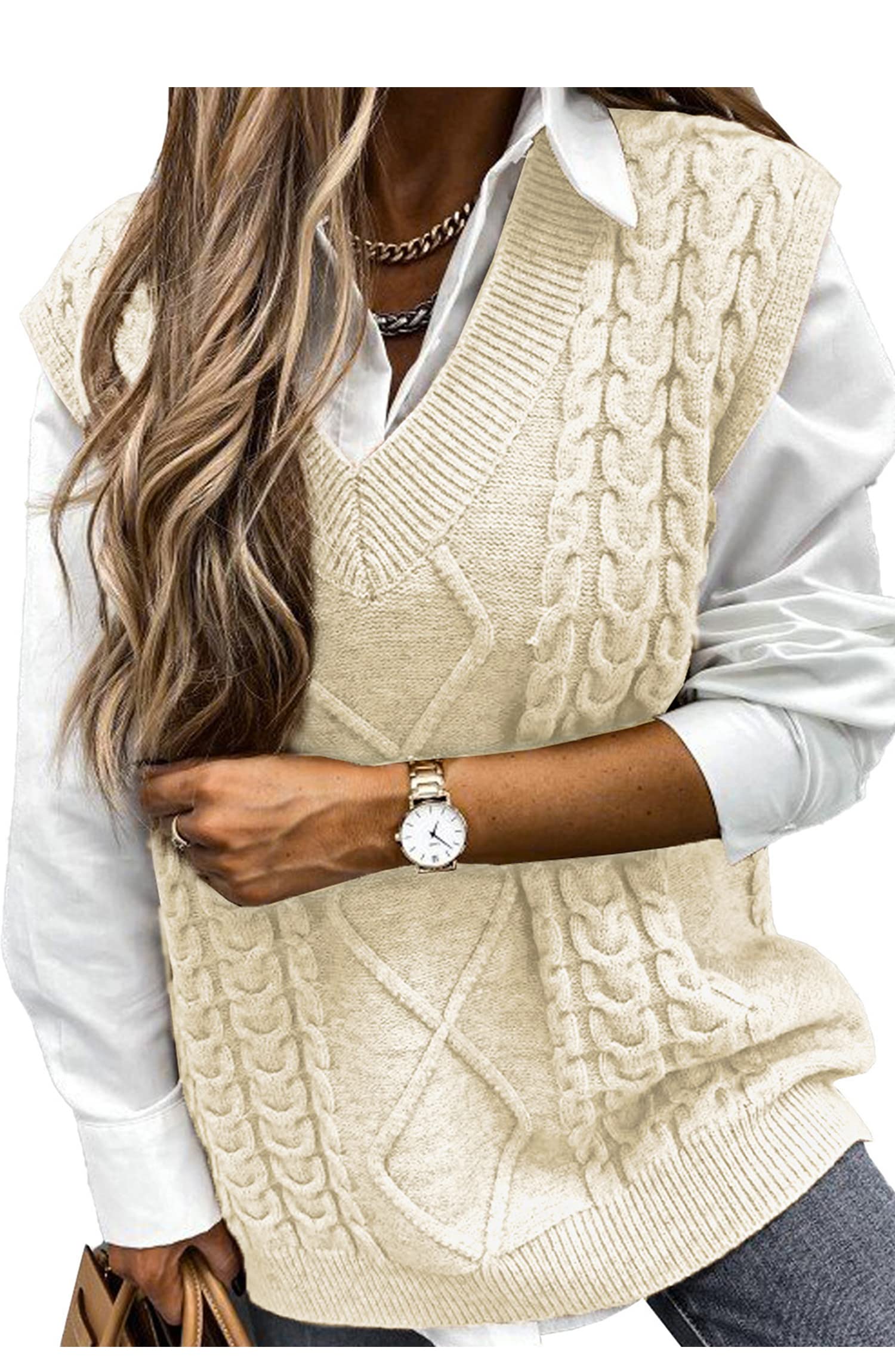 Pullunder Mouwloos vest voor dames, vintage, casual, gebreid vest, V-hals, vest, trui, winter, herfst, sweater, gebreide trui, donkergrijs, L