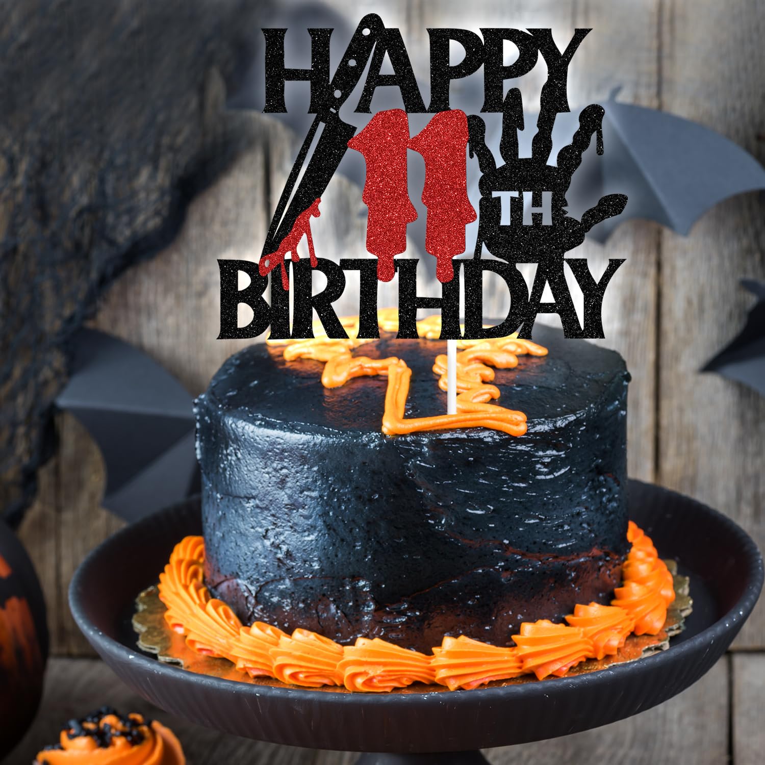 Halloween Happy Birthday Cake Topper - Glitter Cardboard Decoration For 11th Birthday Party - View #2
