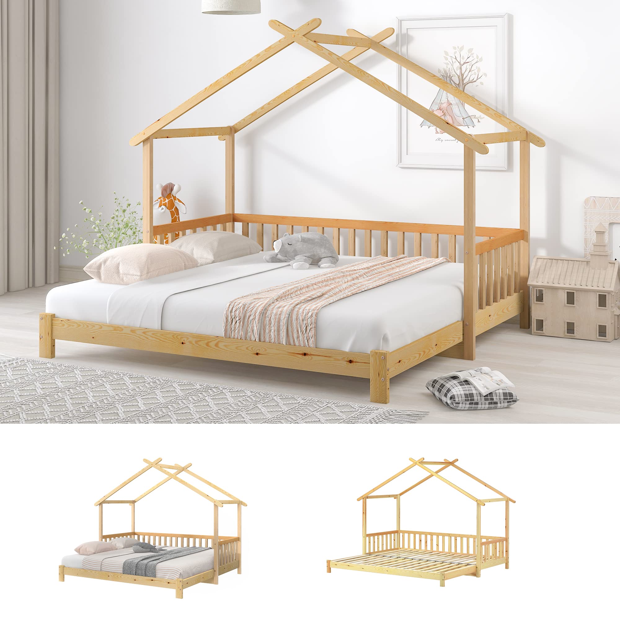 Moimhear Letto a forma di casetta sull'albero, espansibile, letto per bambini, letto a castello, letto singolo e matrimoniale, in legno massiccio naturale (200x90cm)