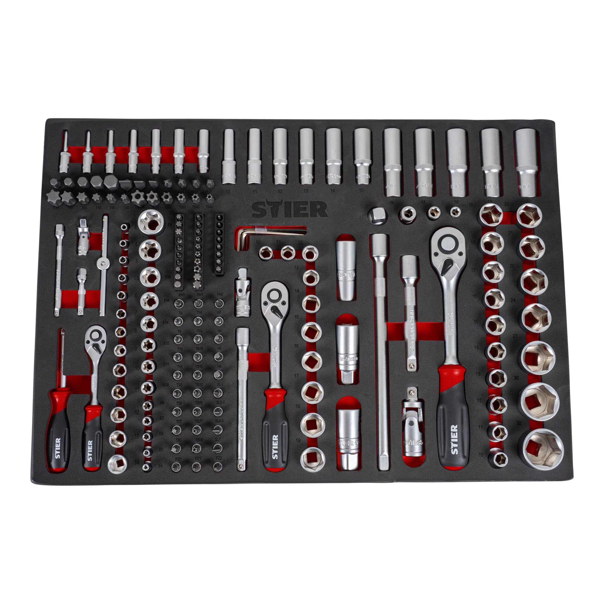 Set di chiavi a bussola STIER, 179 pezzi, in inserto di espanso morbido, 1/4 pollice, 3/8 pollice e 1/2 pollice, con cricchetti reversibili, come inserto per il carrello per officina STIER, acciaio al