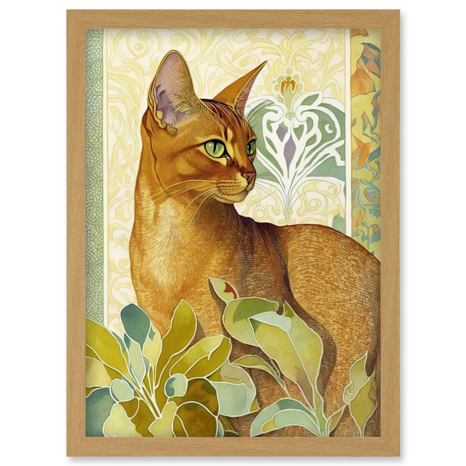 Artery8 Abyssinian Cat with Plants Art Nouveau Bright Modern Watercolour Illustration Artwork Framed Wall Art Print A4