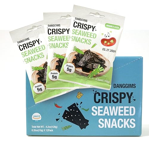 Danggims - Paquete de 12 bocadillos crujientes de algas coreanas tostadas, aperitivos bajos en calorías, aperitivos saludables de condimentos