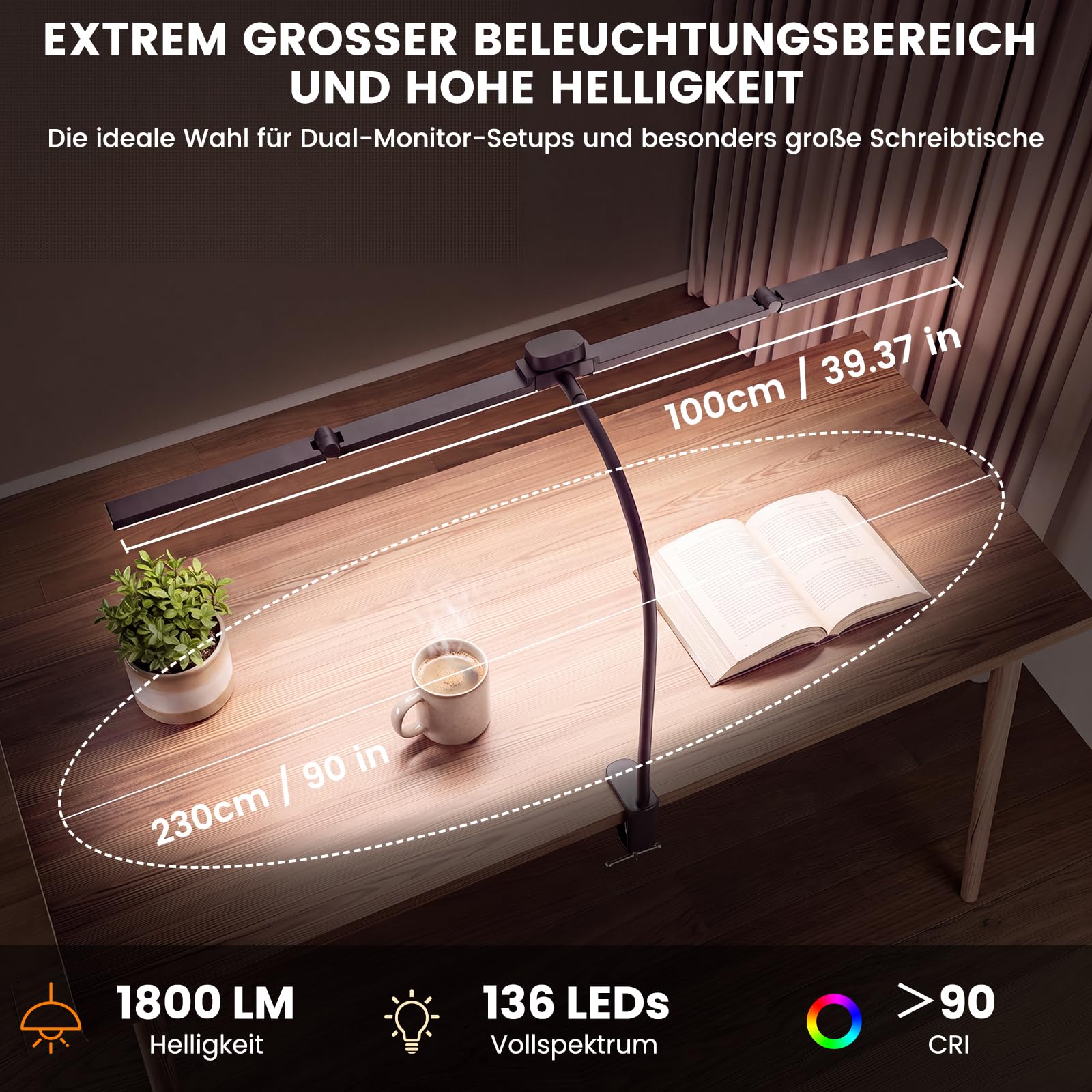 100cm LED Schreibtischlampe Klemmbar mit 4 Leuchtköpfen Dimmbar | 1800LM Augenschutz Tageslichtlampe, 360° Verstellbar Schwanenhals Tischlampe für Büro Zuhause Architekten Zeichnen Schwarz