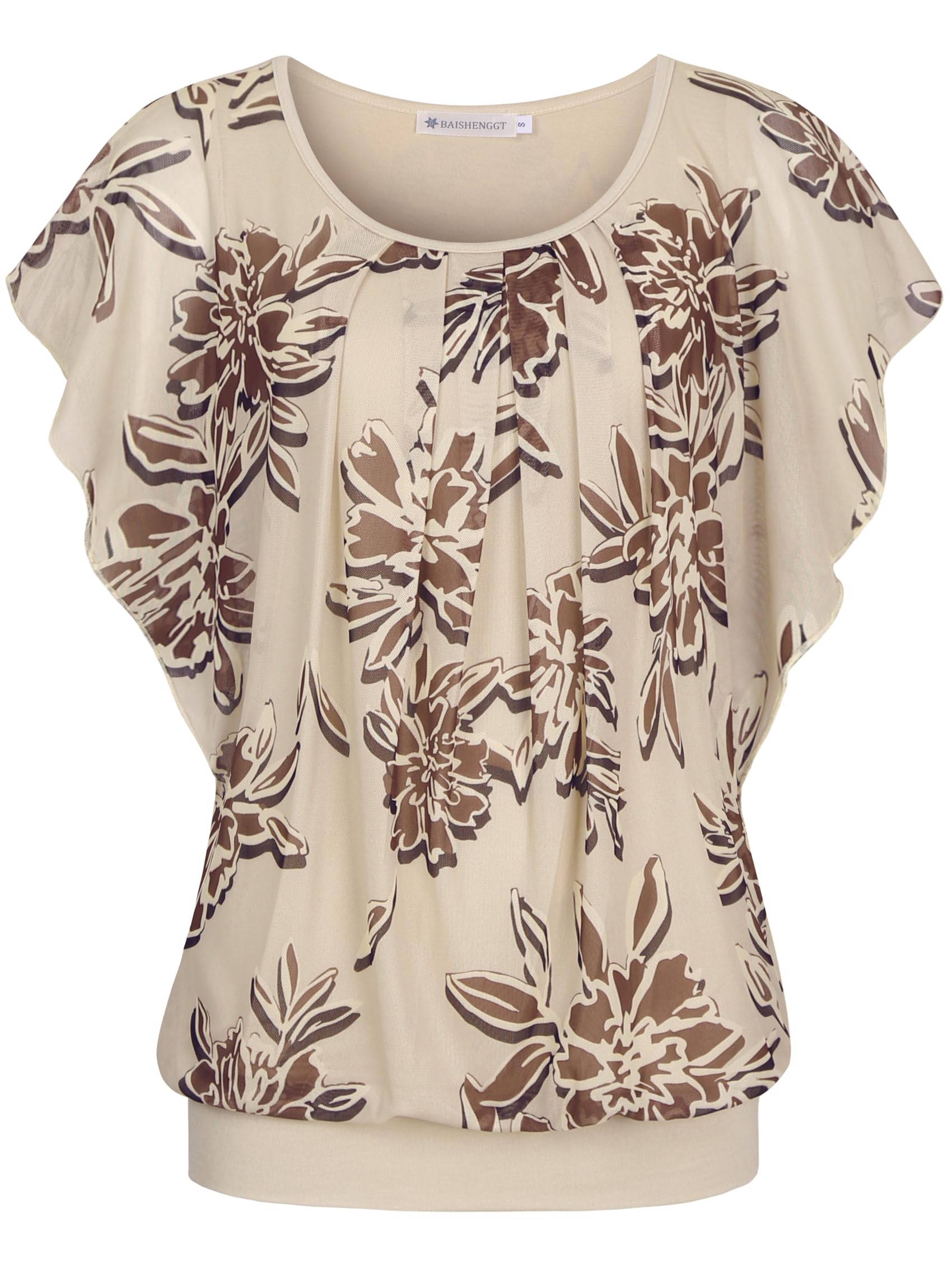 BAISHENGGT Womens Summer Tops Flutter Short Sleeve Pleated Front Mesh Shirts Dressy Casual Blouses