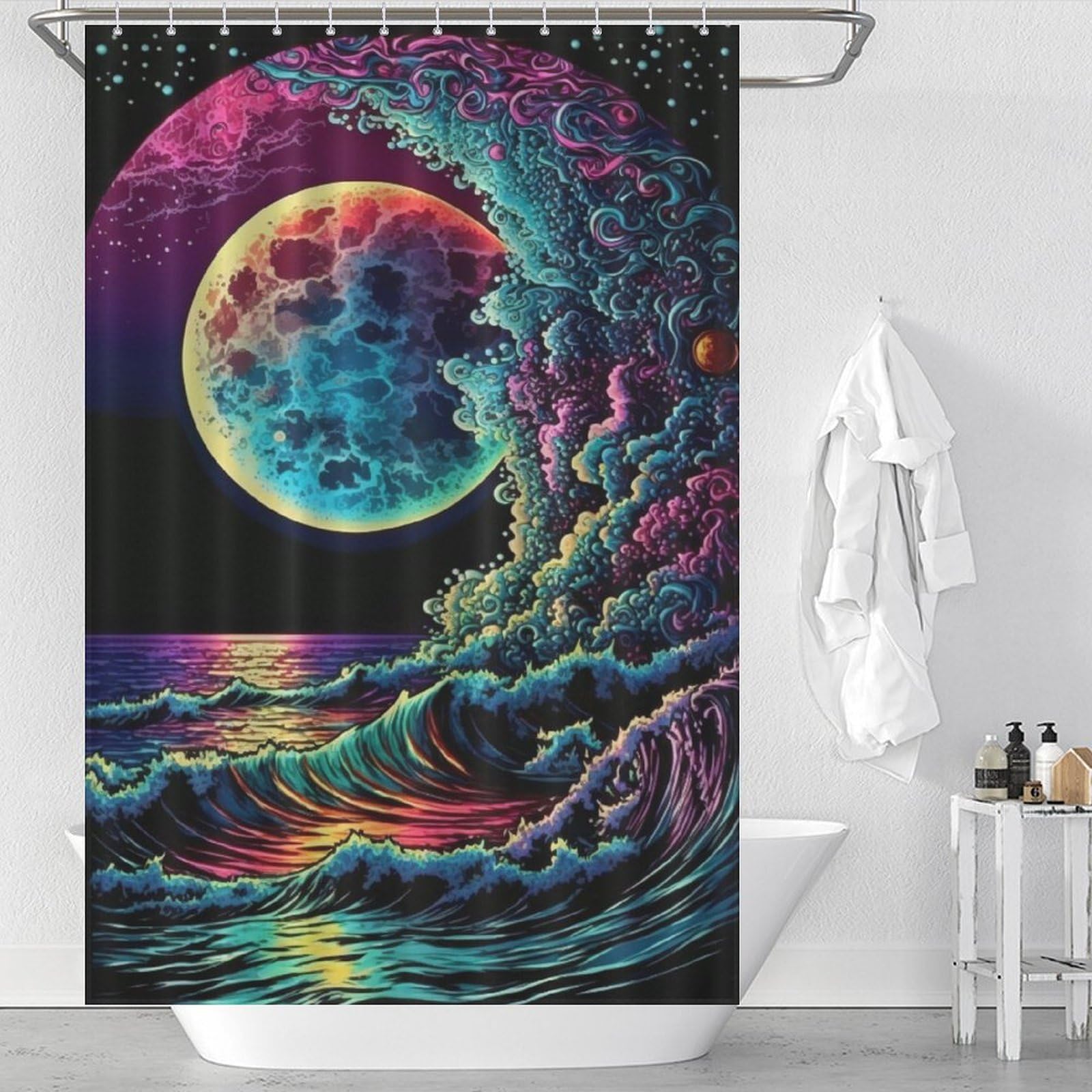 Rideau de douche vagues colorées tissu 122x183cm avec crochets