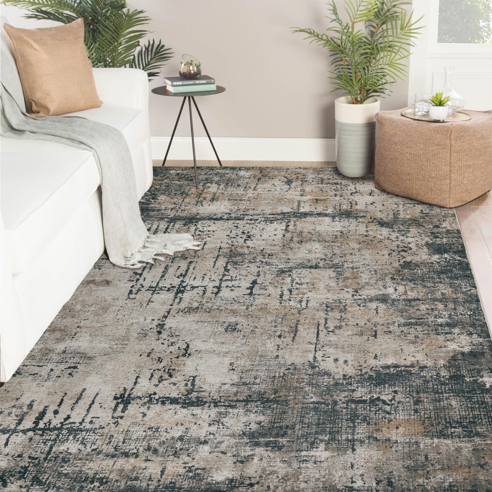 Famibay Rugs Living Room Large 160x230cm Machine Washable Rug Grey Brown Abract Modern Short Pile Area Rugs Anti Slip 5mm Thin Rug Carpet for Living Room Bedroom Dining Room