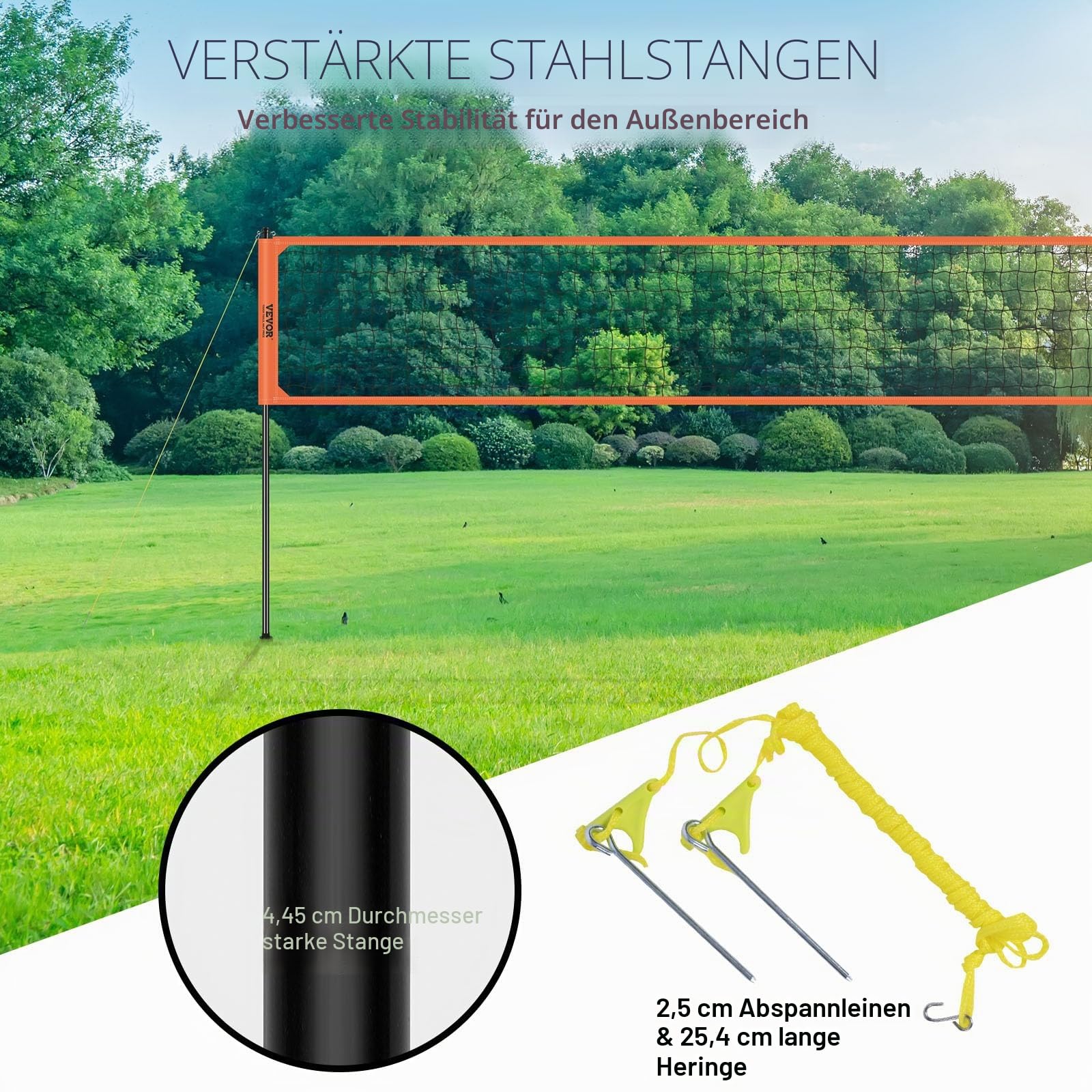VEVOR Höhenverstellbares Volleyballnetz Set, 9,7 x 2,4 m Tragbarer Beachvolleyball-Netz, Orange Faltbar Mit Volleyball & Tragetasche, Für Garten, Strand